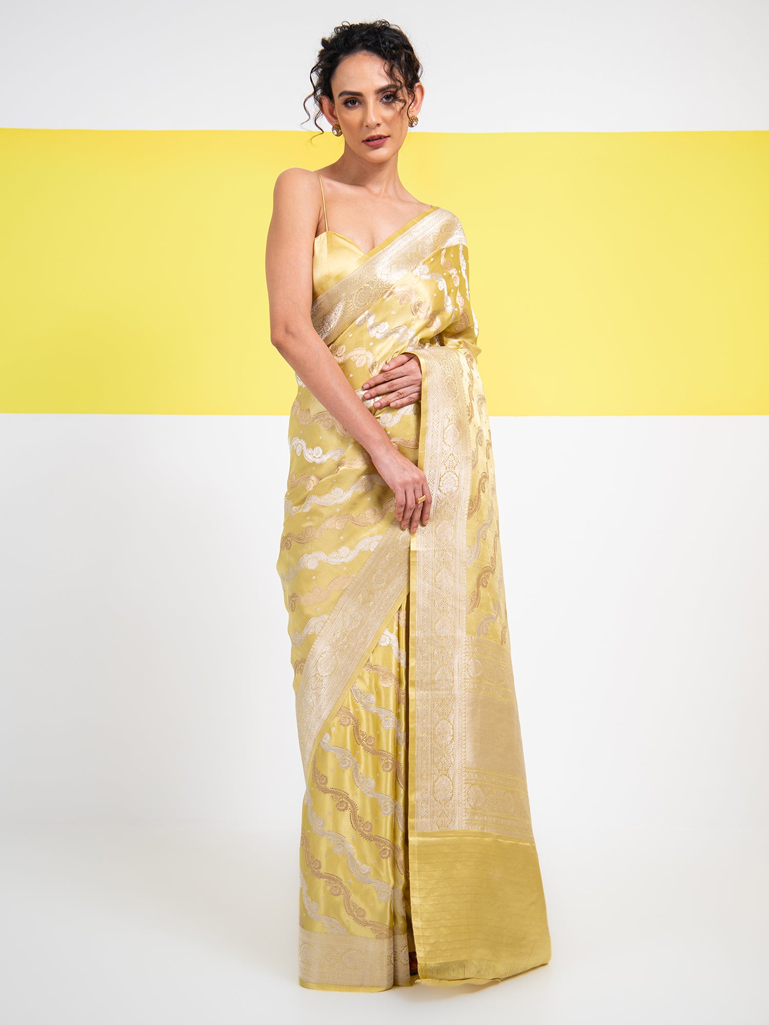 Lime Yellow Satin Sona Roopa Jaal Handloom Banarasi Saree - Sacred Weaves