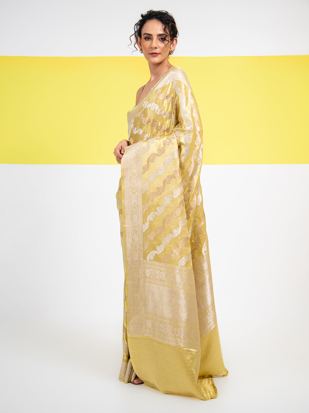 Lime Yellow Satin Sona Roopa Jaal Handloom Banarasi Saree - Sacred Weaves
