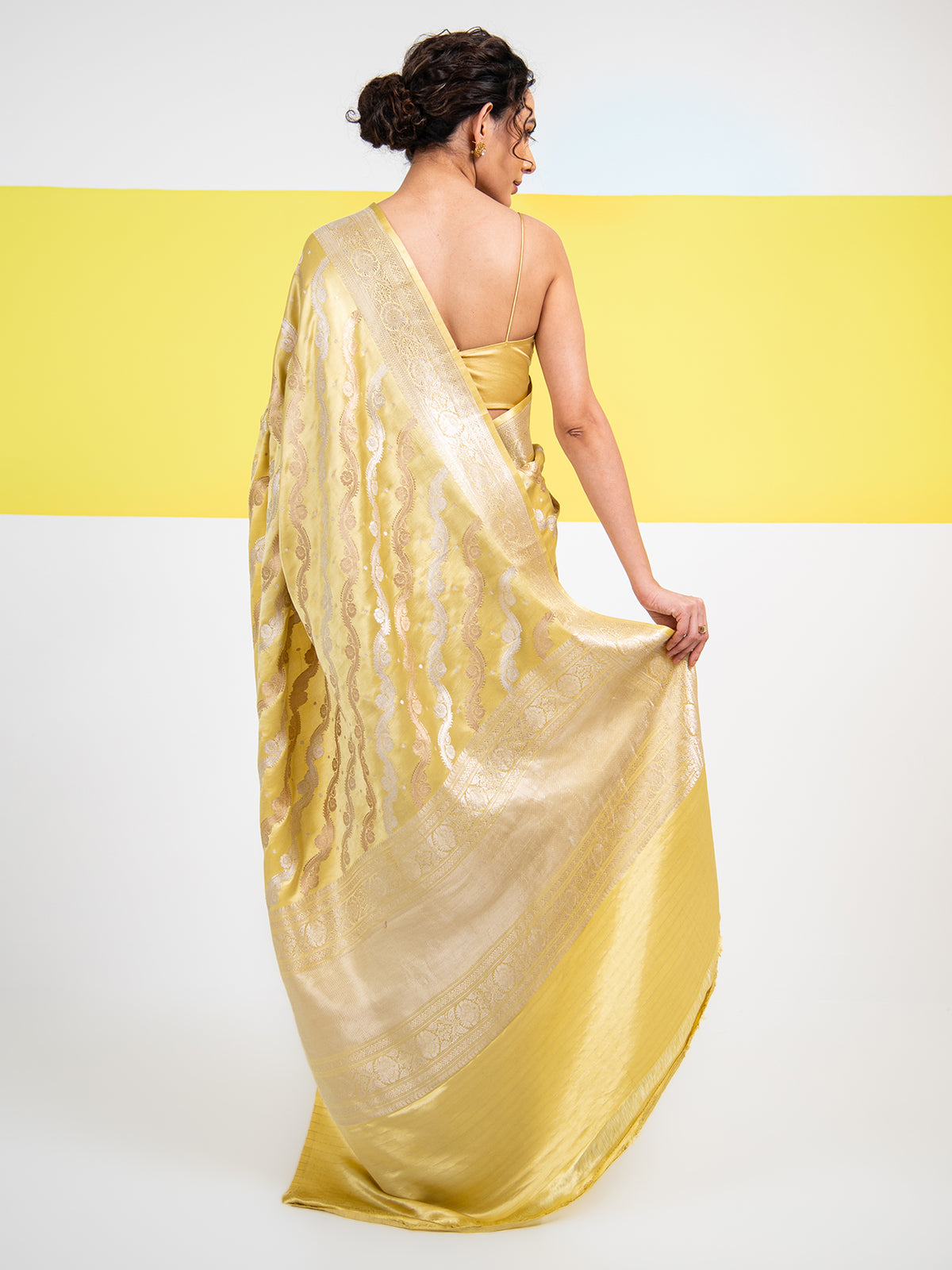 Lime Yellow Satin Sona Roopa Jaal Handloom Banarasi Saree - Sacred Weaves