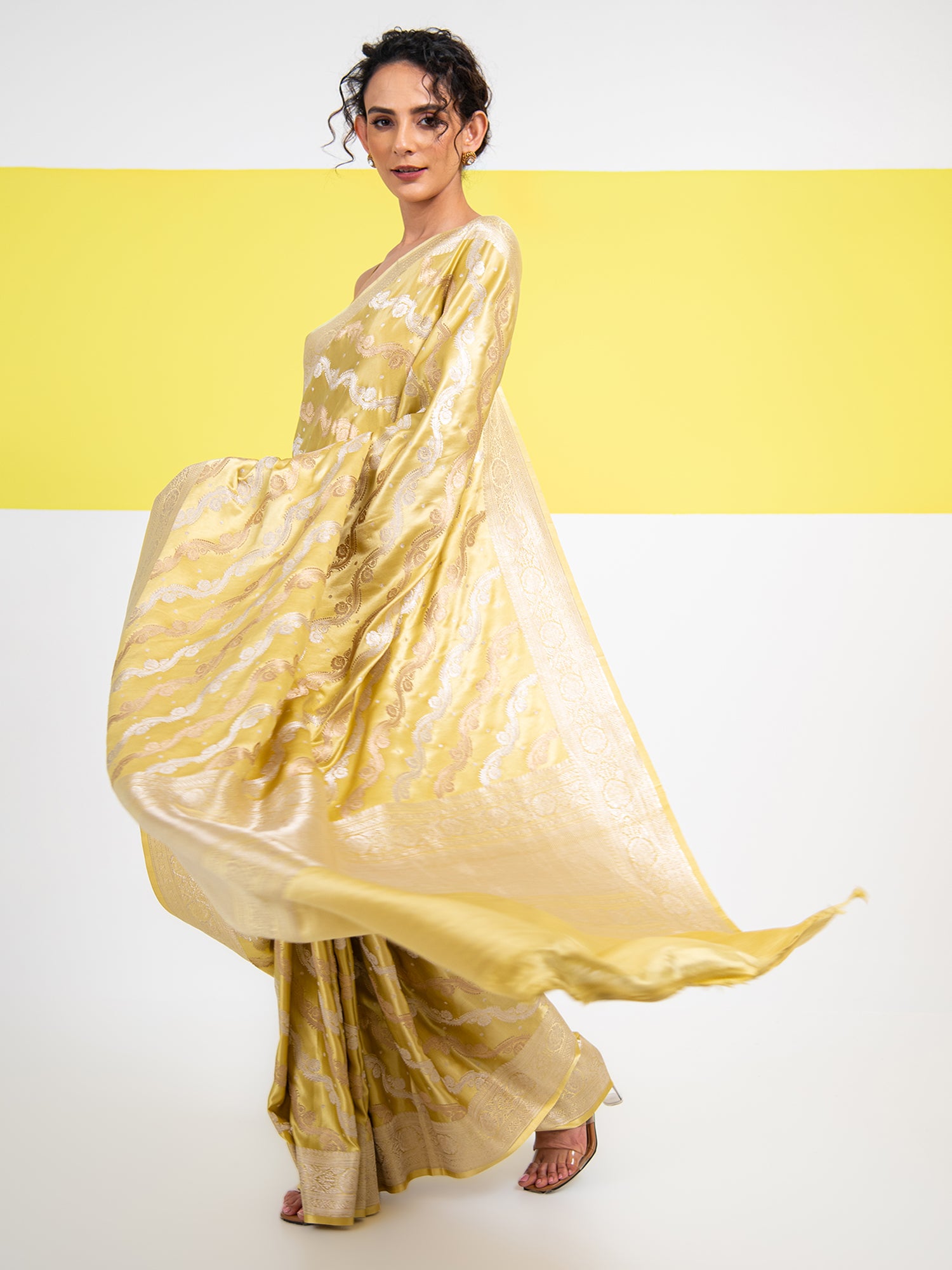 Lime Yellow Satin Sona Roopa Jaal Handloom Banarasi Saree - Sacred Weaves