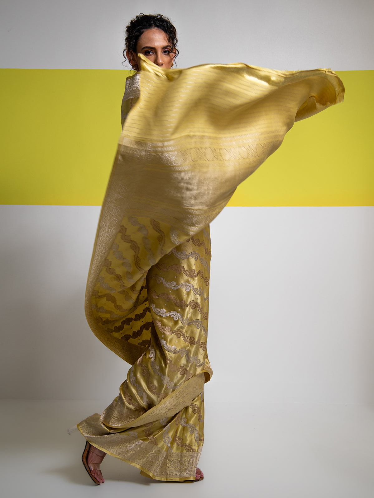 Lime Yellow Satin Sona Roopa Jaal Handloom Banarasi Saree - Sacred Weaves