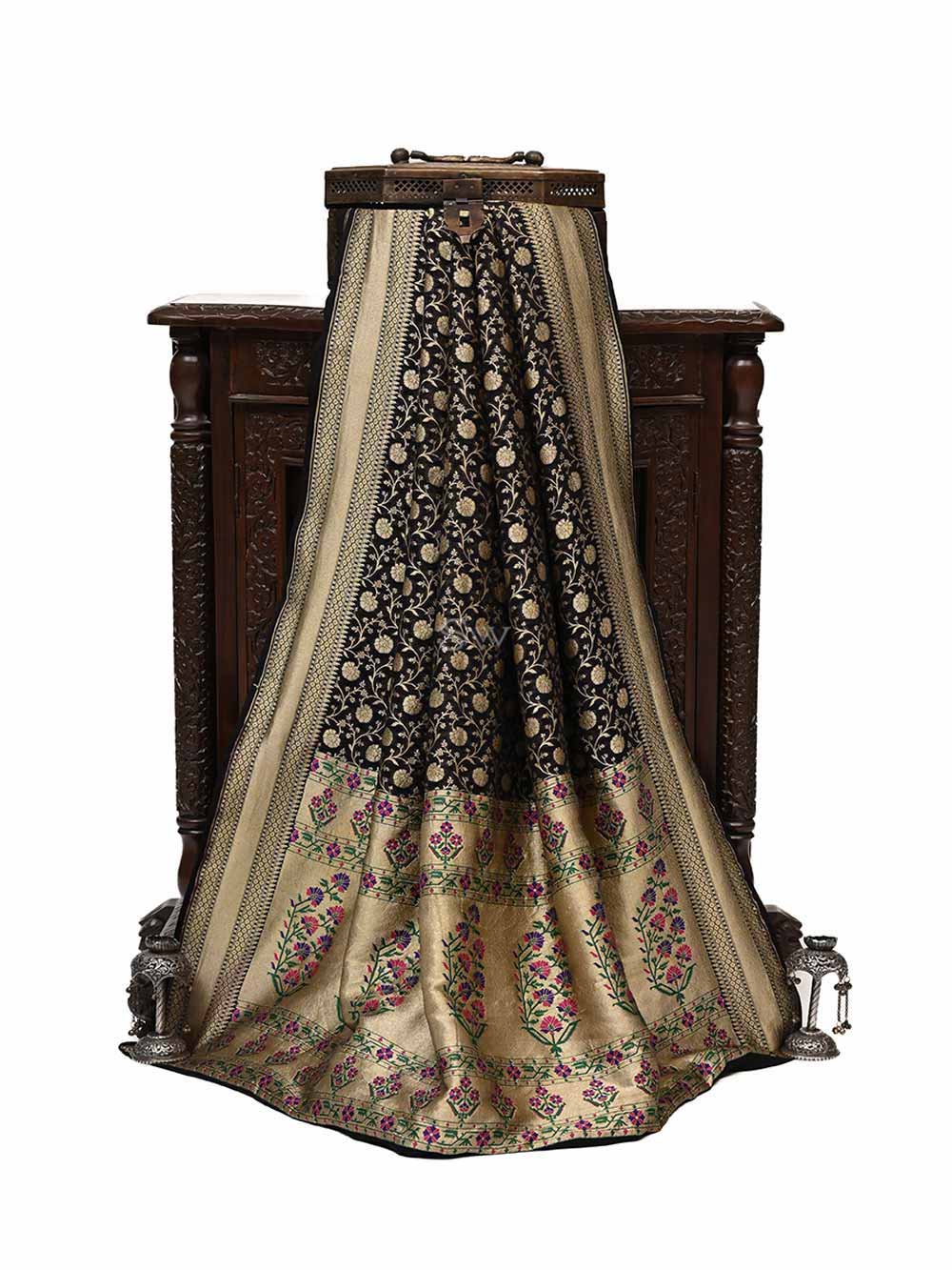 Black Paithani Khaddi Georgette Handloom Banarasi Saree  - Sacred Weaves