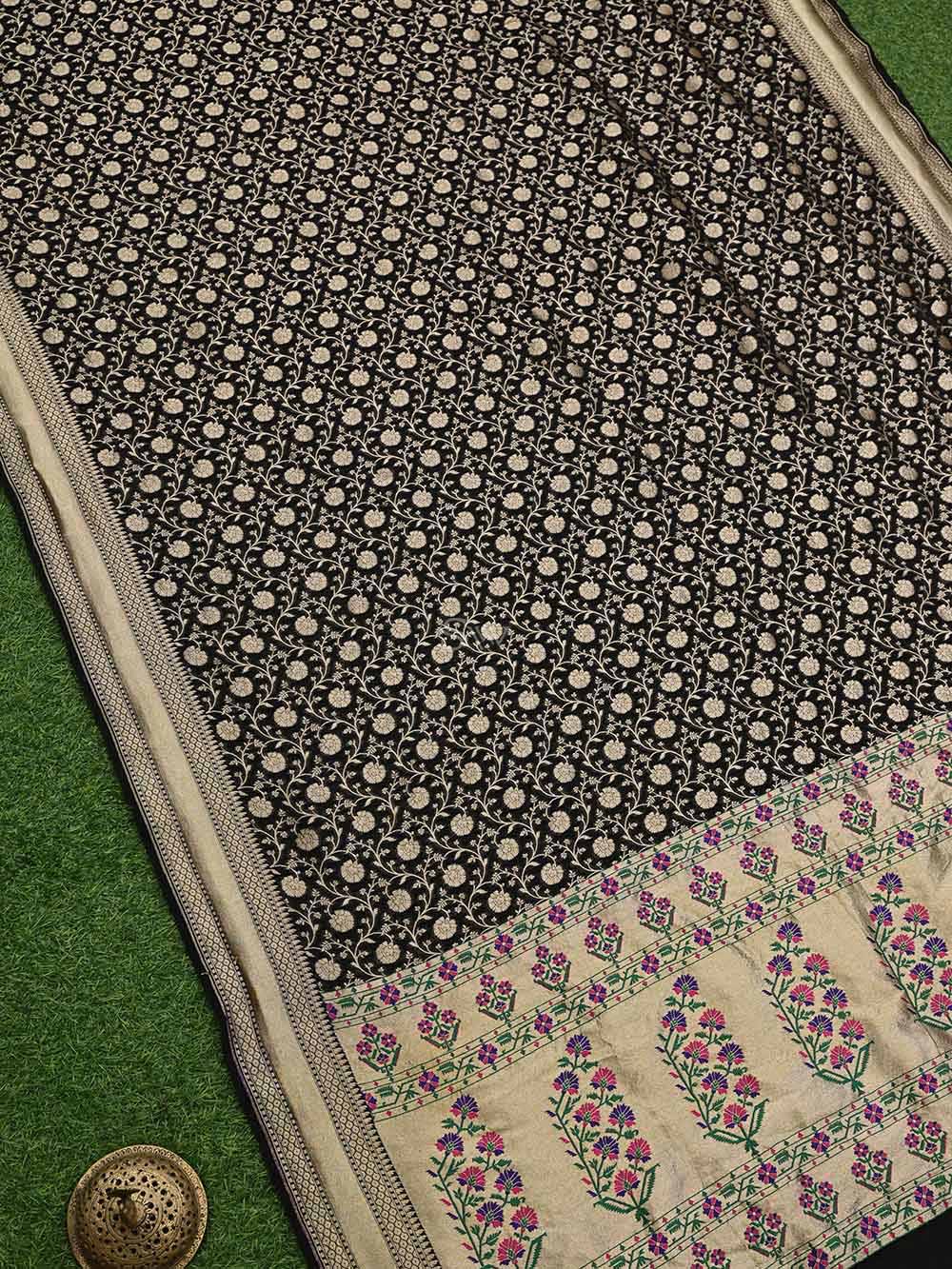 Black Paithani Khaddi Georgette Handloom Banarasi Saree  - Sacred Weaves