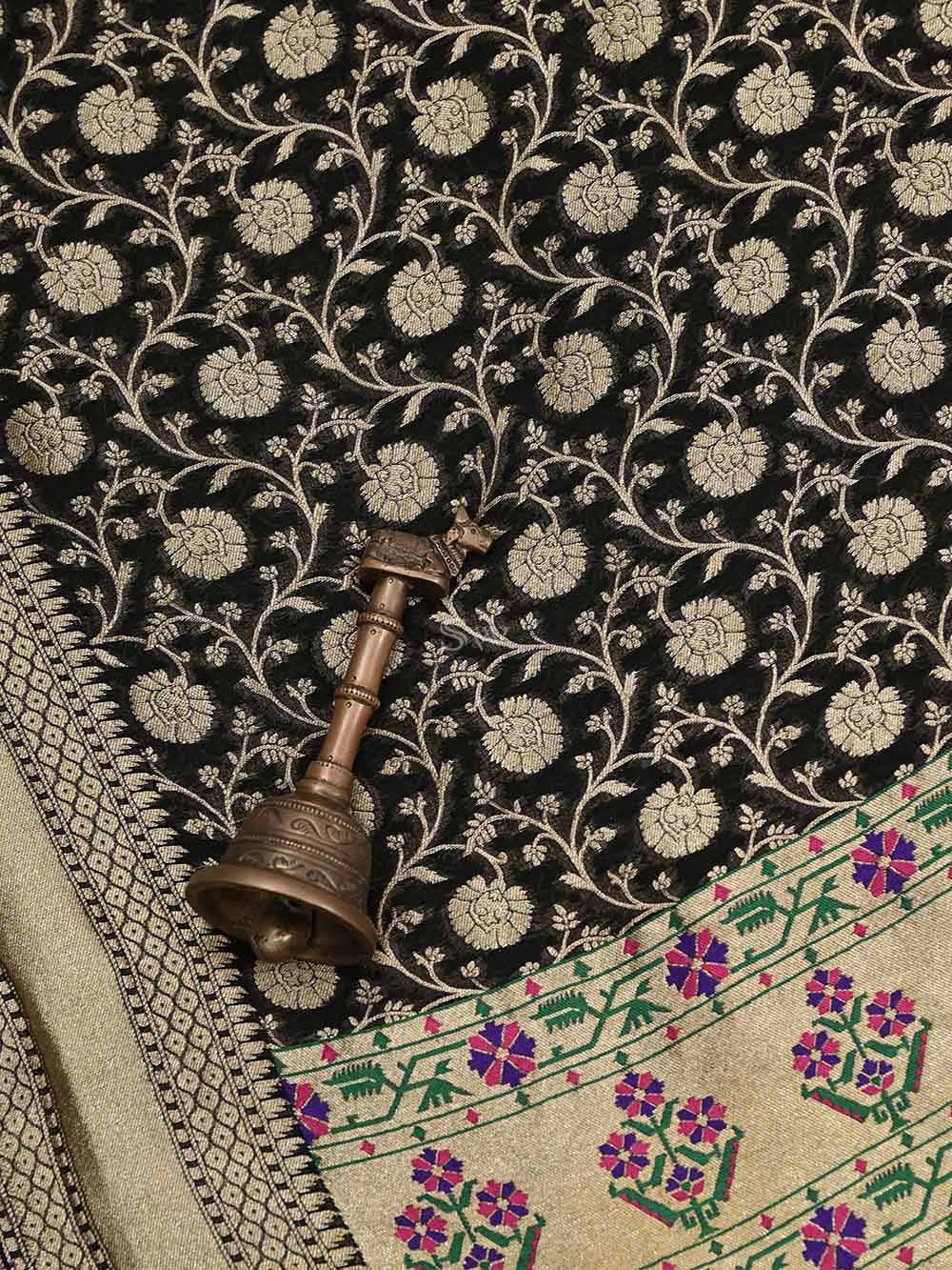 Black Paithani Khaddi Georgette Handloom Banarasi Saree  - Sacred Weaves