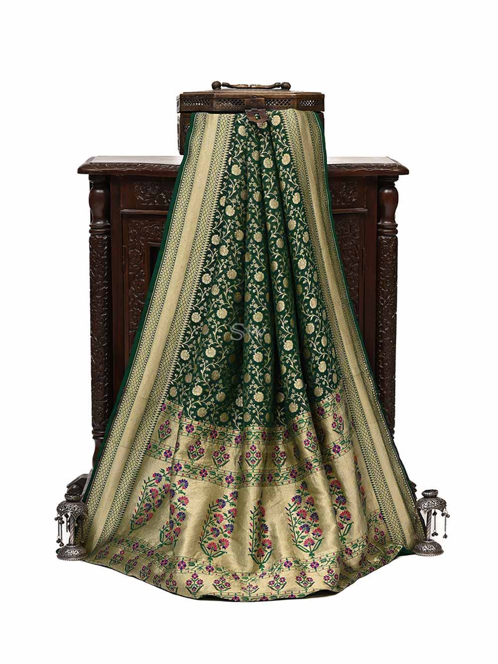Bottle Green Paithani Khaddi Georgette Handloom Banarasi Saree - Sacred Weaves