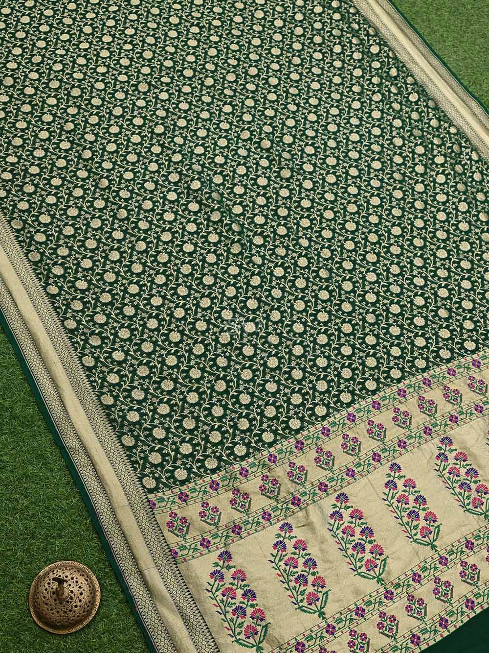 Bottle Green Paithani Khaddi Georgette Handloom Banarasi Saree - Sacred Weaves