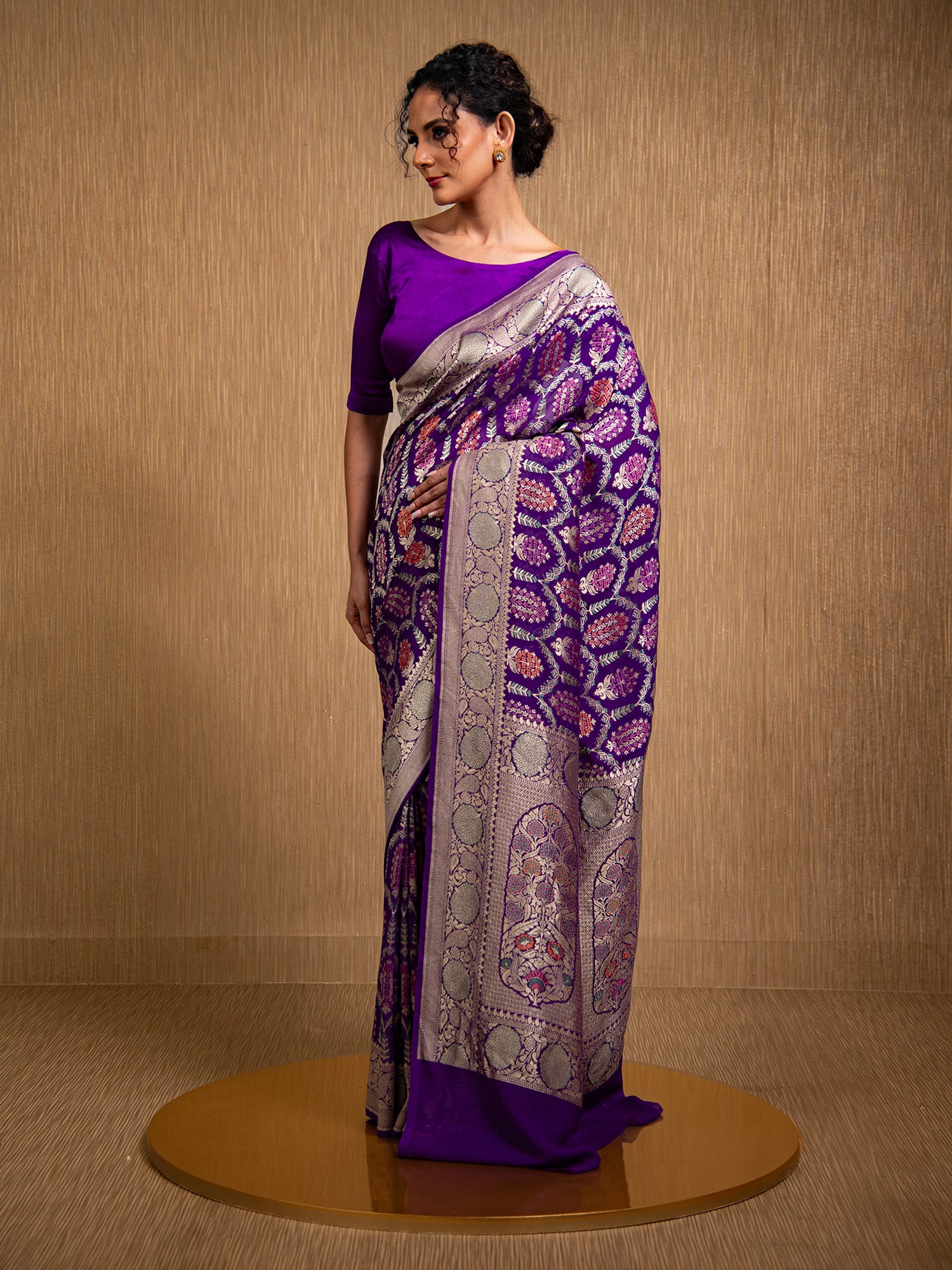 Purple Meenakari Khaddi Georgette Handloom Banarasi Saree - Sacred Weaves