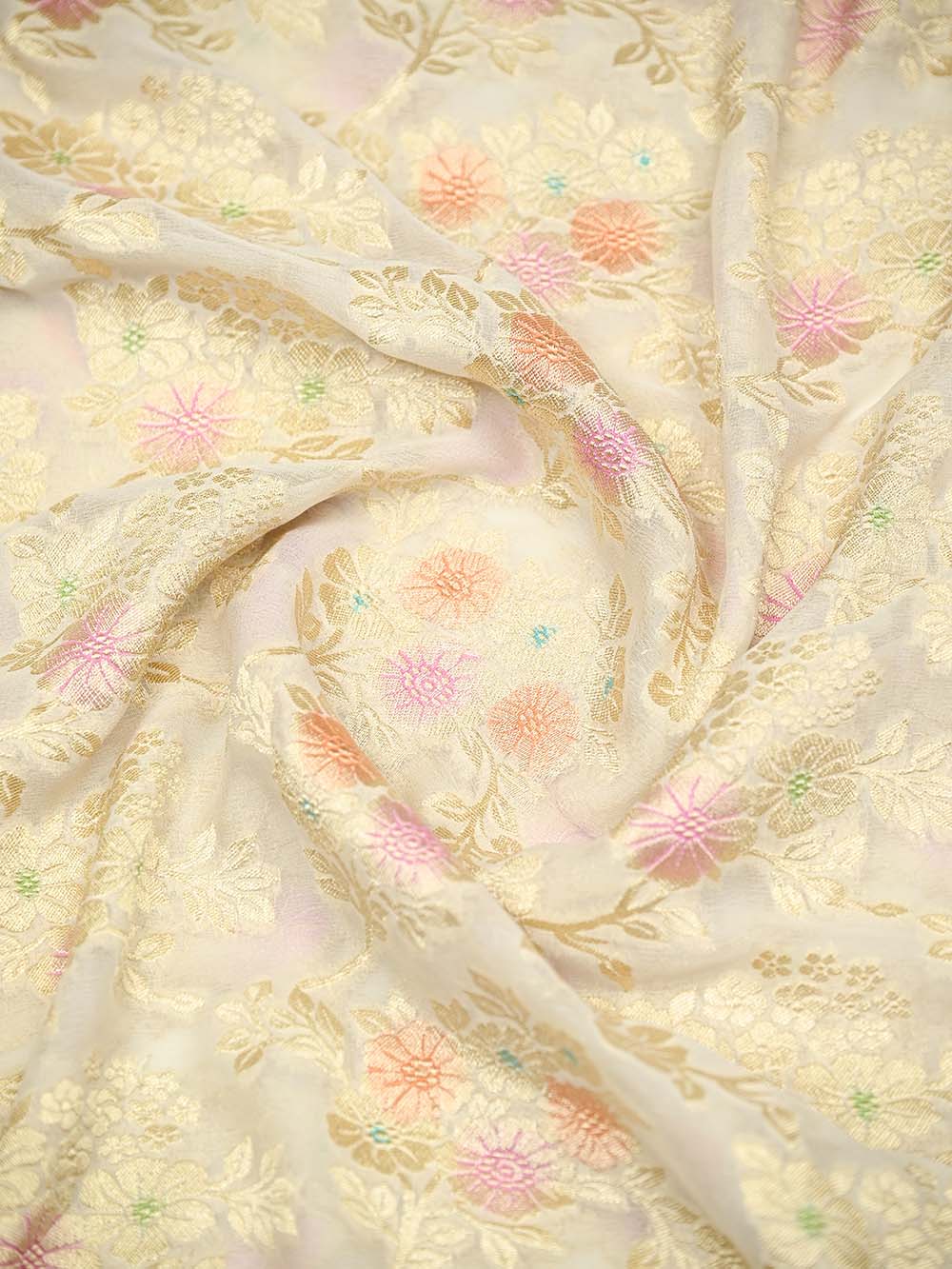 Off-White Rangkat Jaal Khaddi Georgette Handloom Banarasi Saree - Sacred Weaves