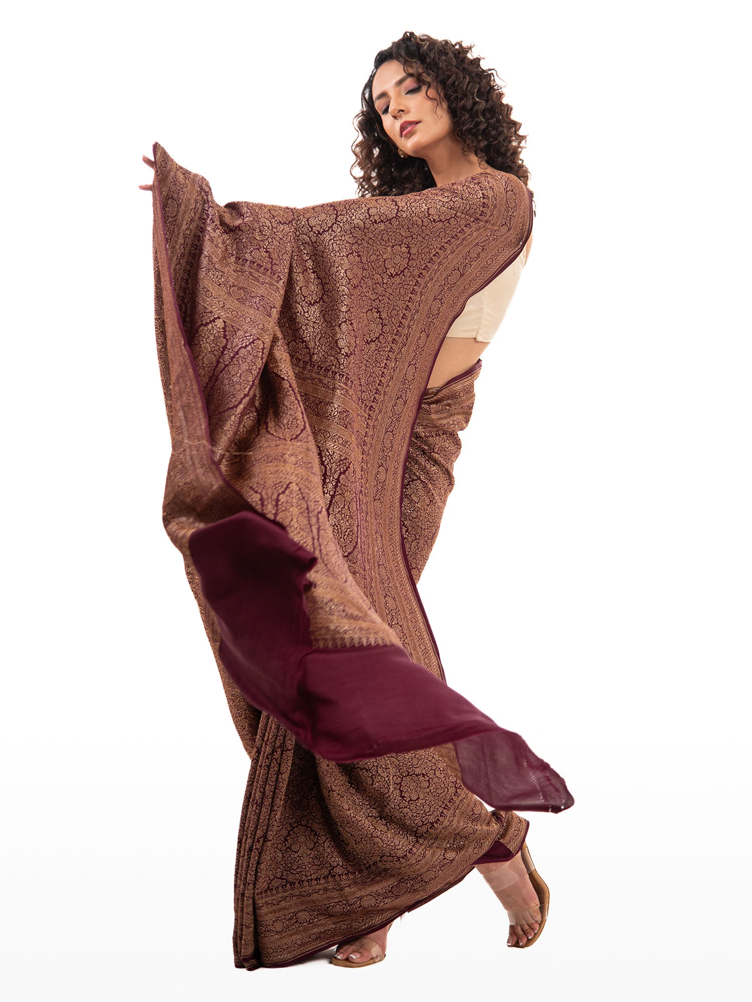 Brown Jaal Crepe Silk Handloom Banarasi Saree - Sacred Weaves