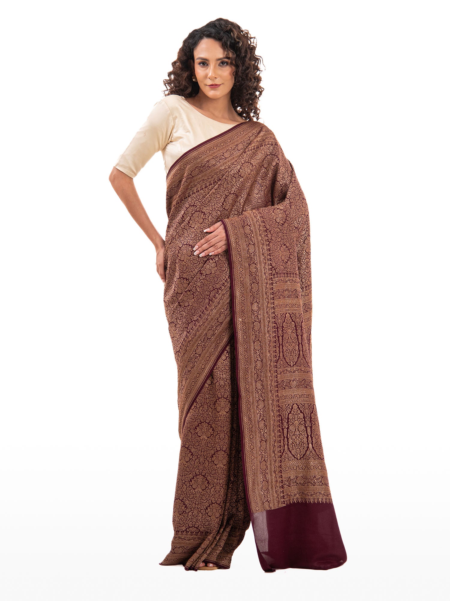 Brown Jaal Crepe Silk Handloom Banarasi Saree - Sacred Weaves