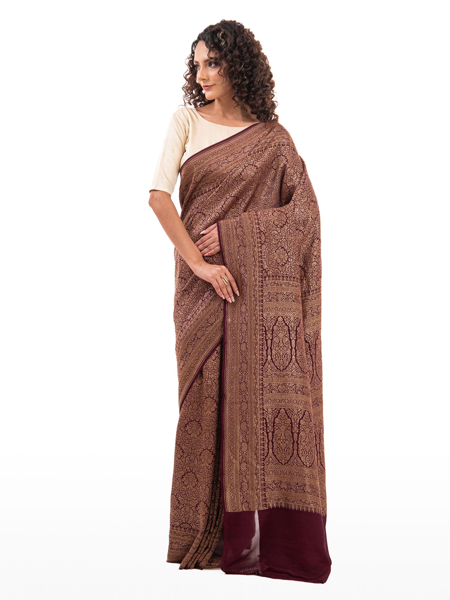 Brown Jaal Crepe Silk Handloom Banarasi Saree - Sacred Weaves