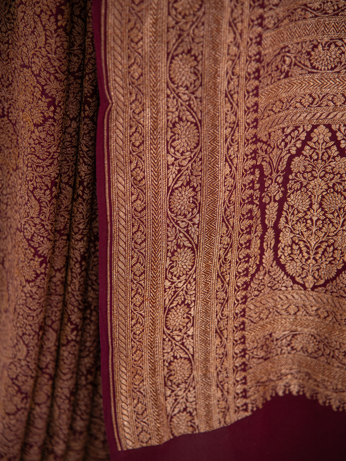 Brown Jaal Crepe Silk Handloom Banarasi Saree - Sacred Weaves