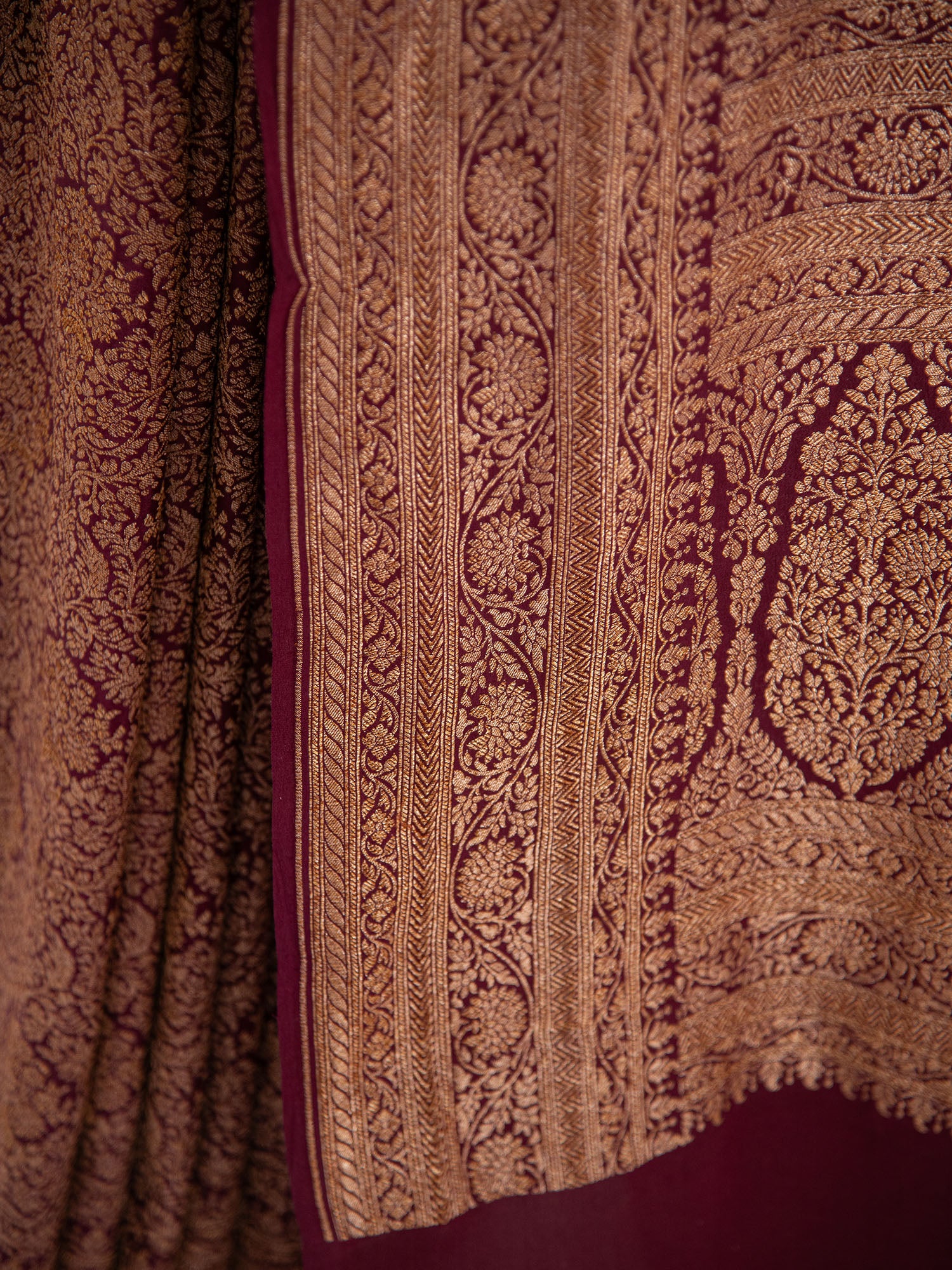Brown Jaal Crepe Silk Handloom Banarasi Saree - Sacred Weaves