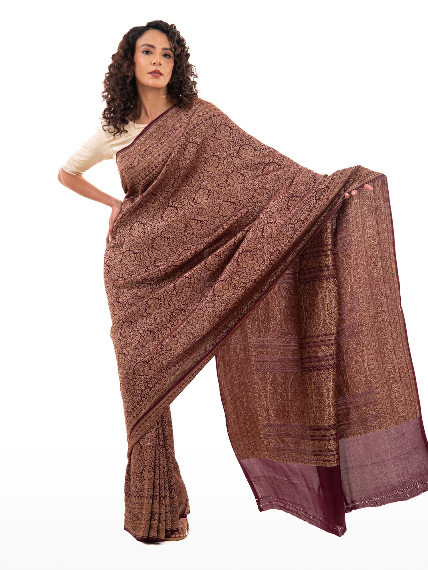 Brown Jaal Crepe Silk Handloom Banarasi Saree - Sacred Weaves