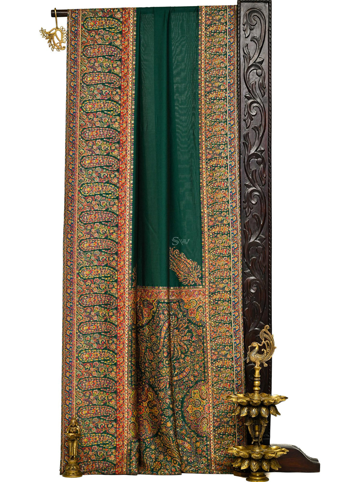 Bottle Green Pashmina Moonga Silk Handloom Banarasi Saree