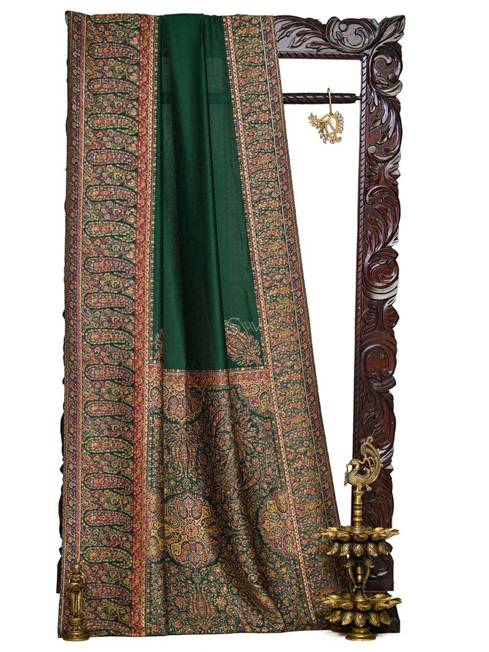 Bottle Green Pashmina Moonga Silk Handloom Banarasi Saree