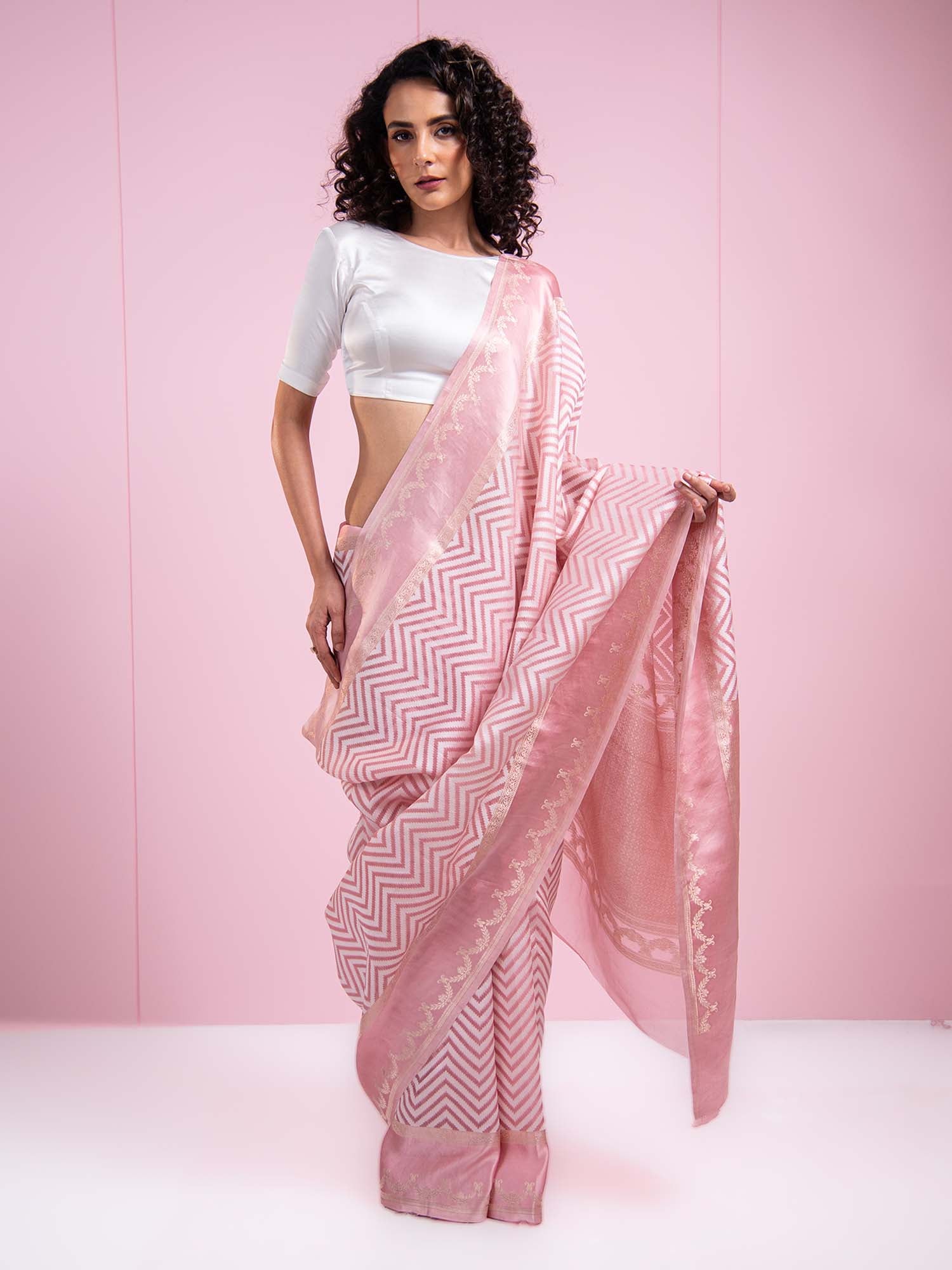 Pastel Pink Organza Handloom Banarasi Saree - Sacred Weaves
