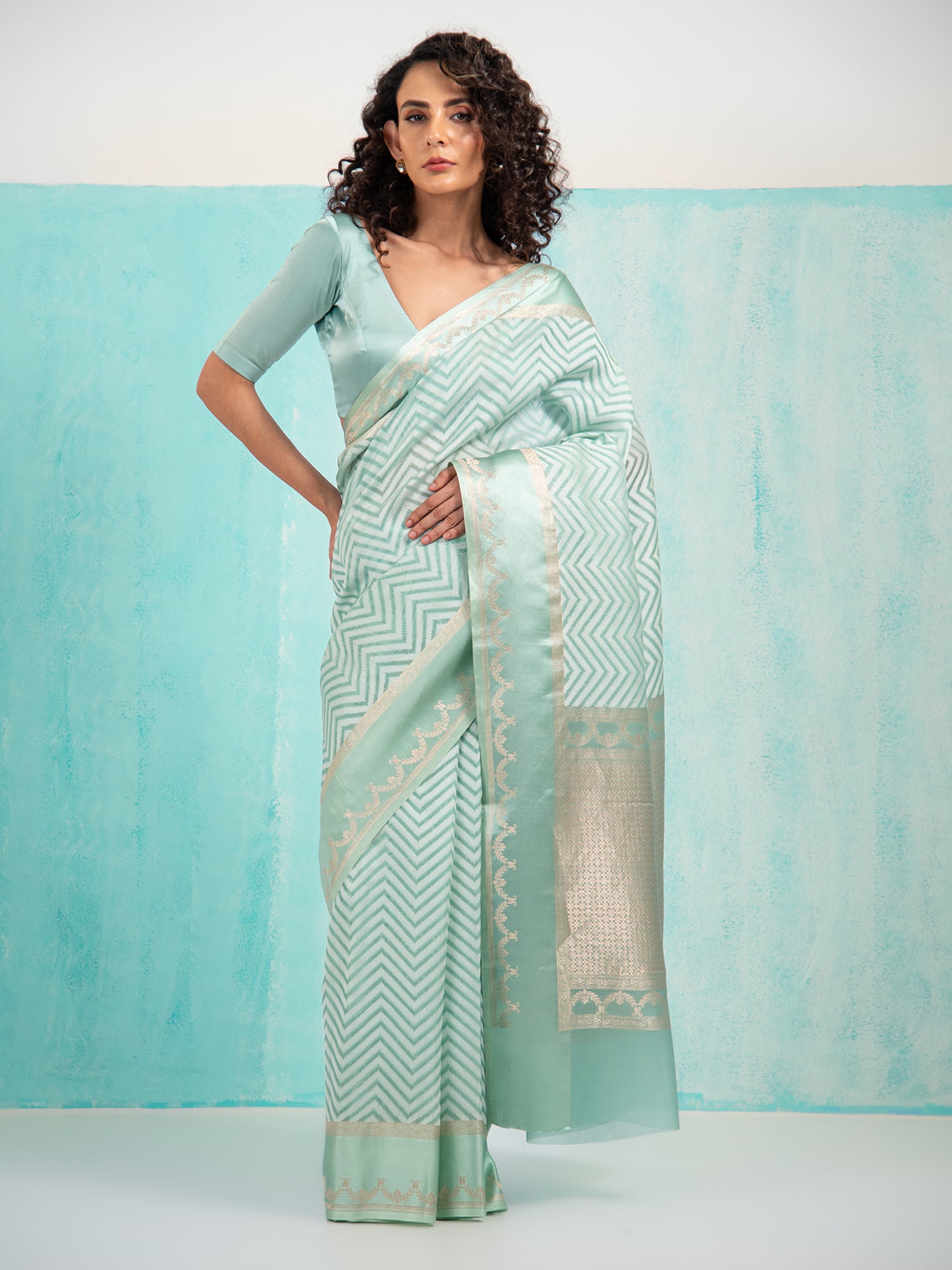 Greenish Grey Organza Handloom Banarasi Saree - Sacred Weaves