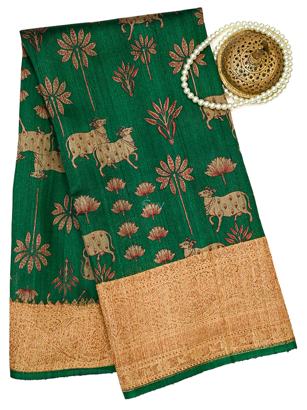 Dark Green Digital Printed Tussar Silk Handloom Banarasi Saree