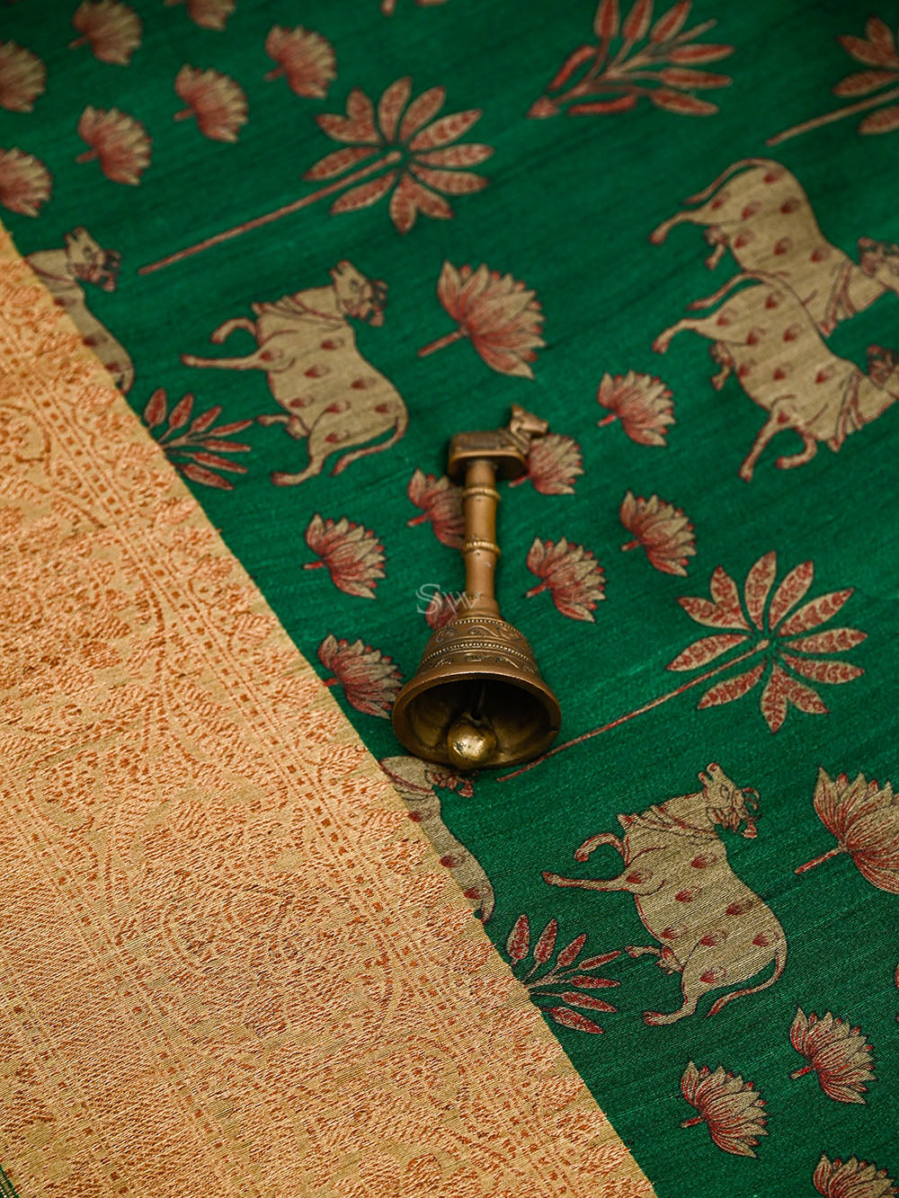 Dark Green Digital Printed Tussar Silk Handloom Banarasi Saree