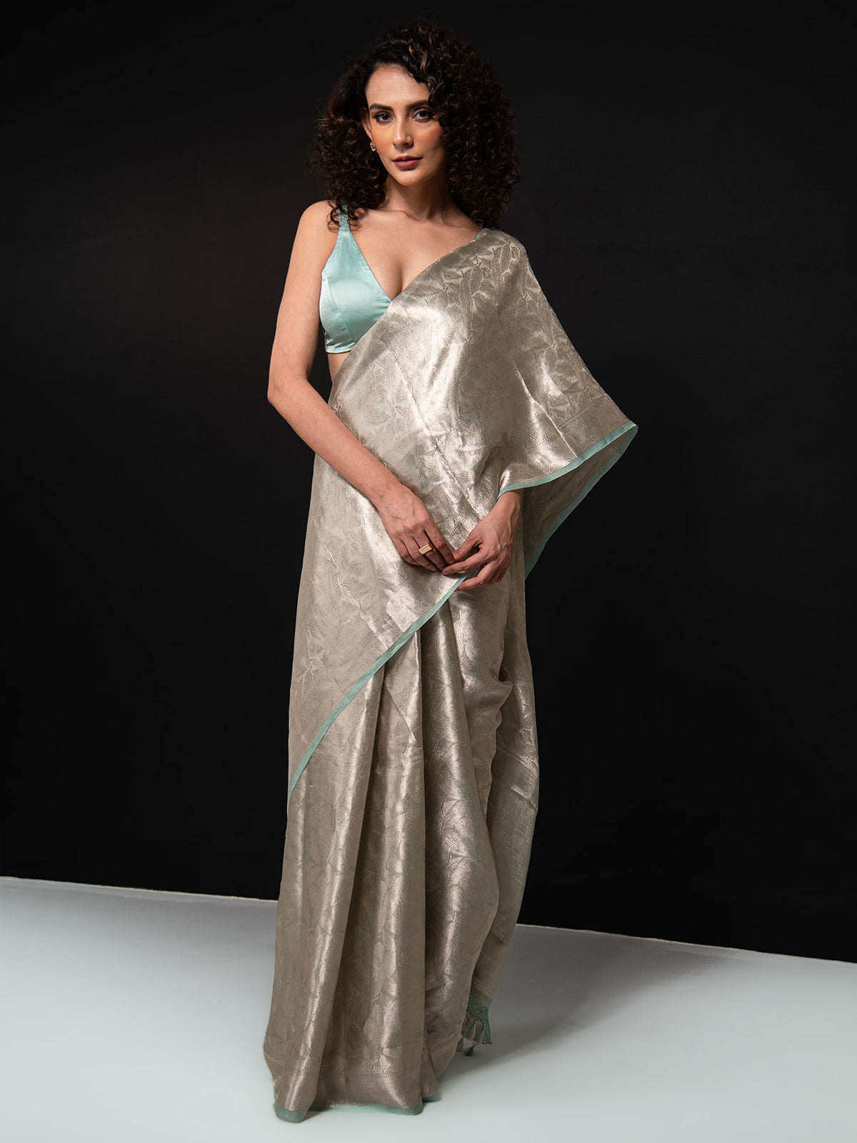 Aqua Green Tissue Brocade Handloom Banarasi Saree - Sacred Weaves