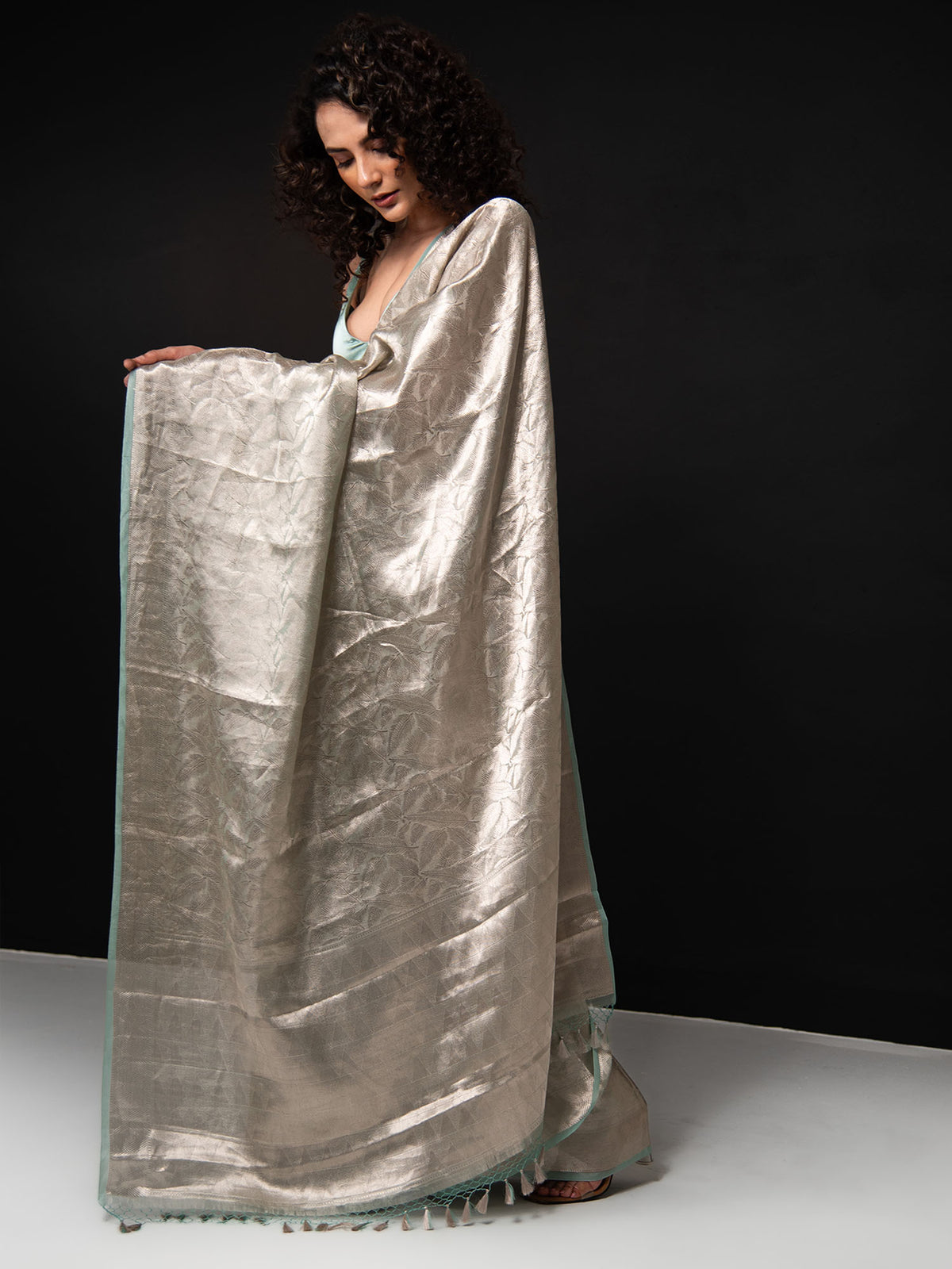 Aqua Green Tissue Brocade Handloom Banarasi Saree - Sacred Weaves