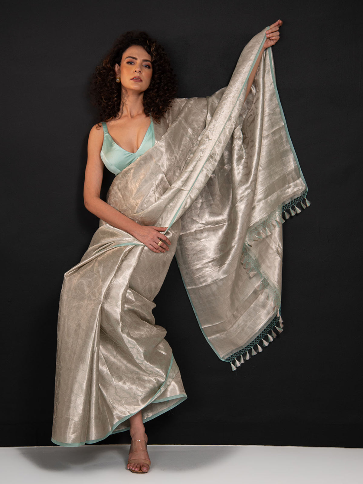 Aqua Green Tissue Brocade Handloom Banarasi Saree - Sacred Weaves