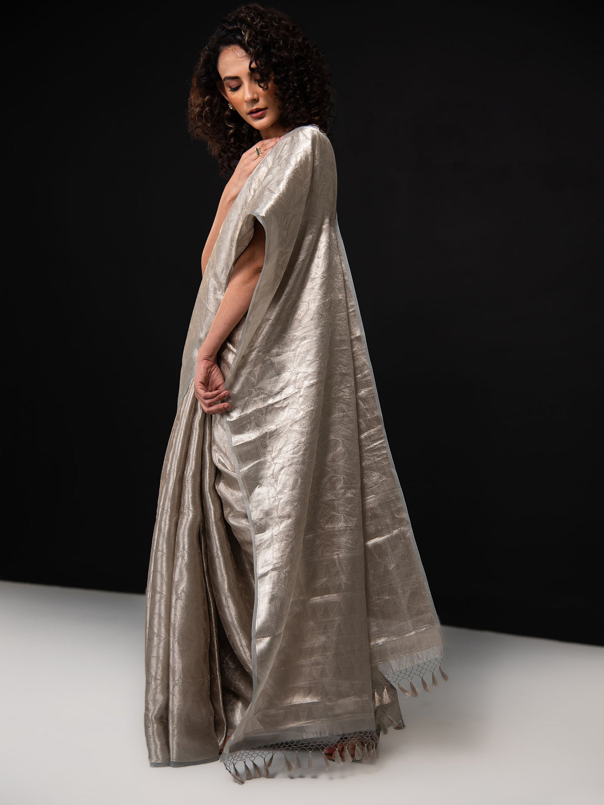 Grey Tissue Brocade Handloom Banarasi Saree - Sacred Weaves