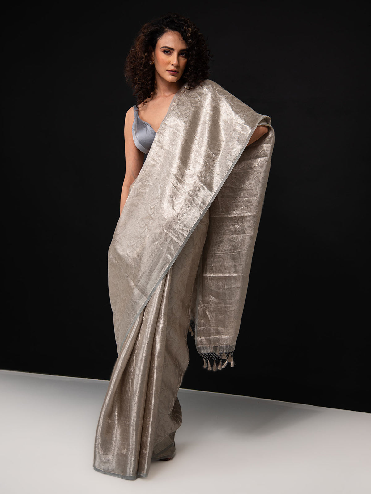Grey Tissue Brocade Handloom Banarasi Saree - Sacred Weaves