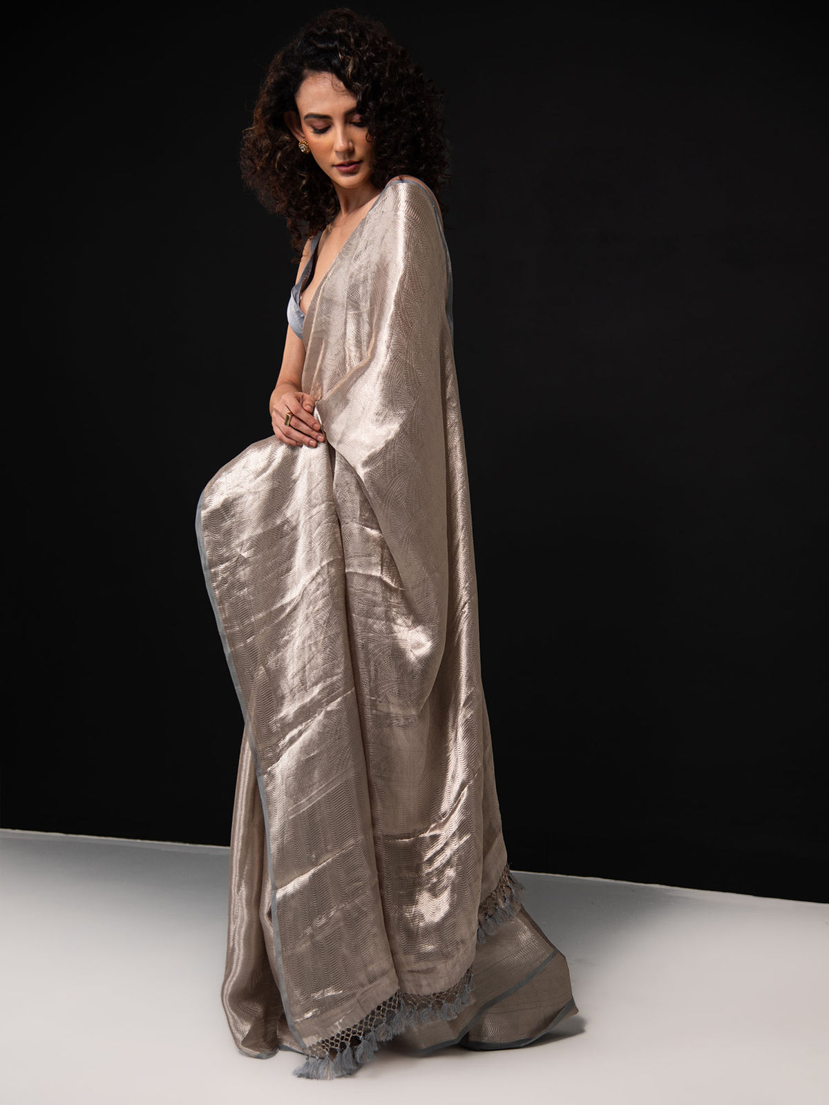 Grey Tissue Brocade Handloom Banarasi Saree - Sacred Weaves