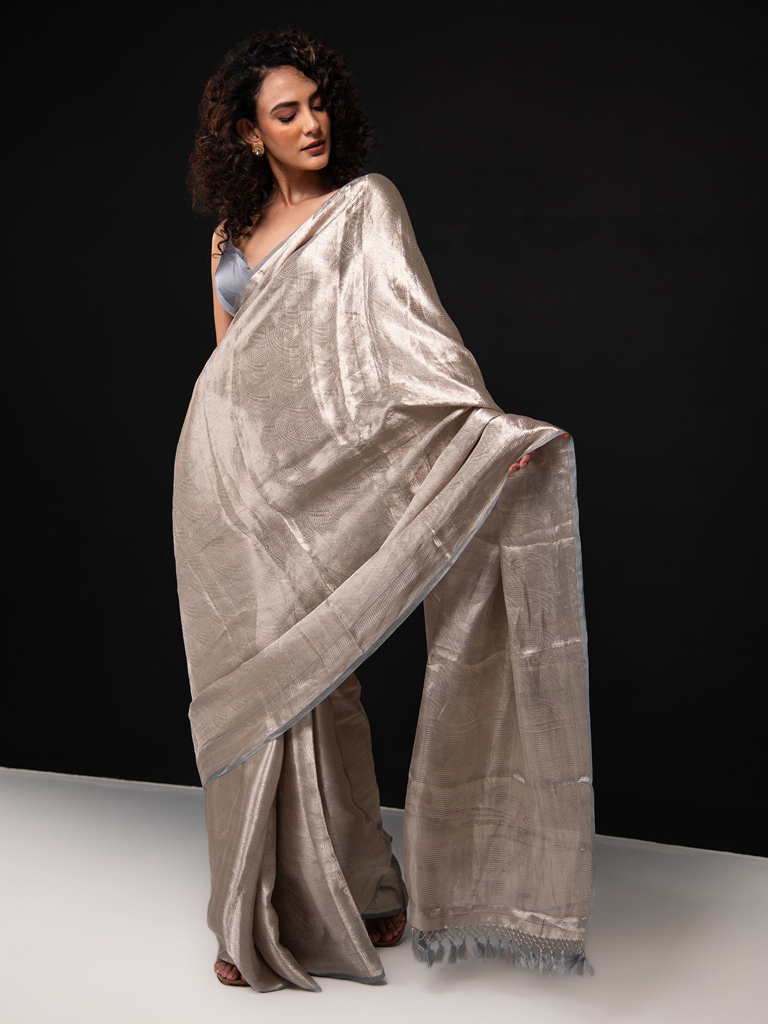 Grey Tissue Brocade Handloom Banarasi Saree - Sacred Weaves
