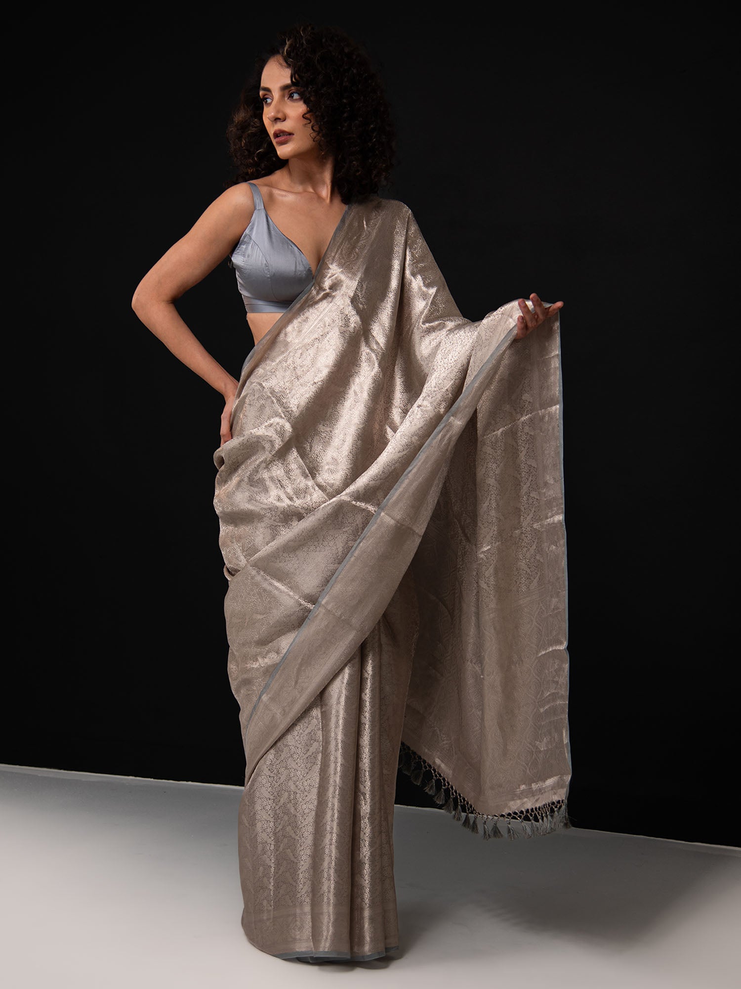 Grey Tissue Brocade Handloom Banarasi Saree - Sacred Weaves