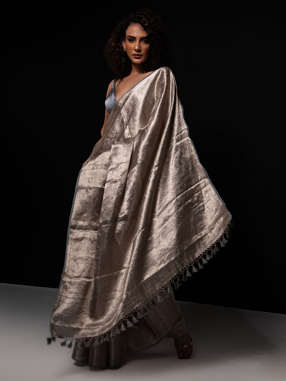 Grey Tissue Brocade Handloom Banarasi Saree - Sacred Weaves