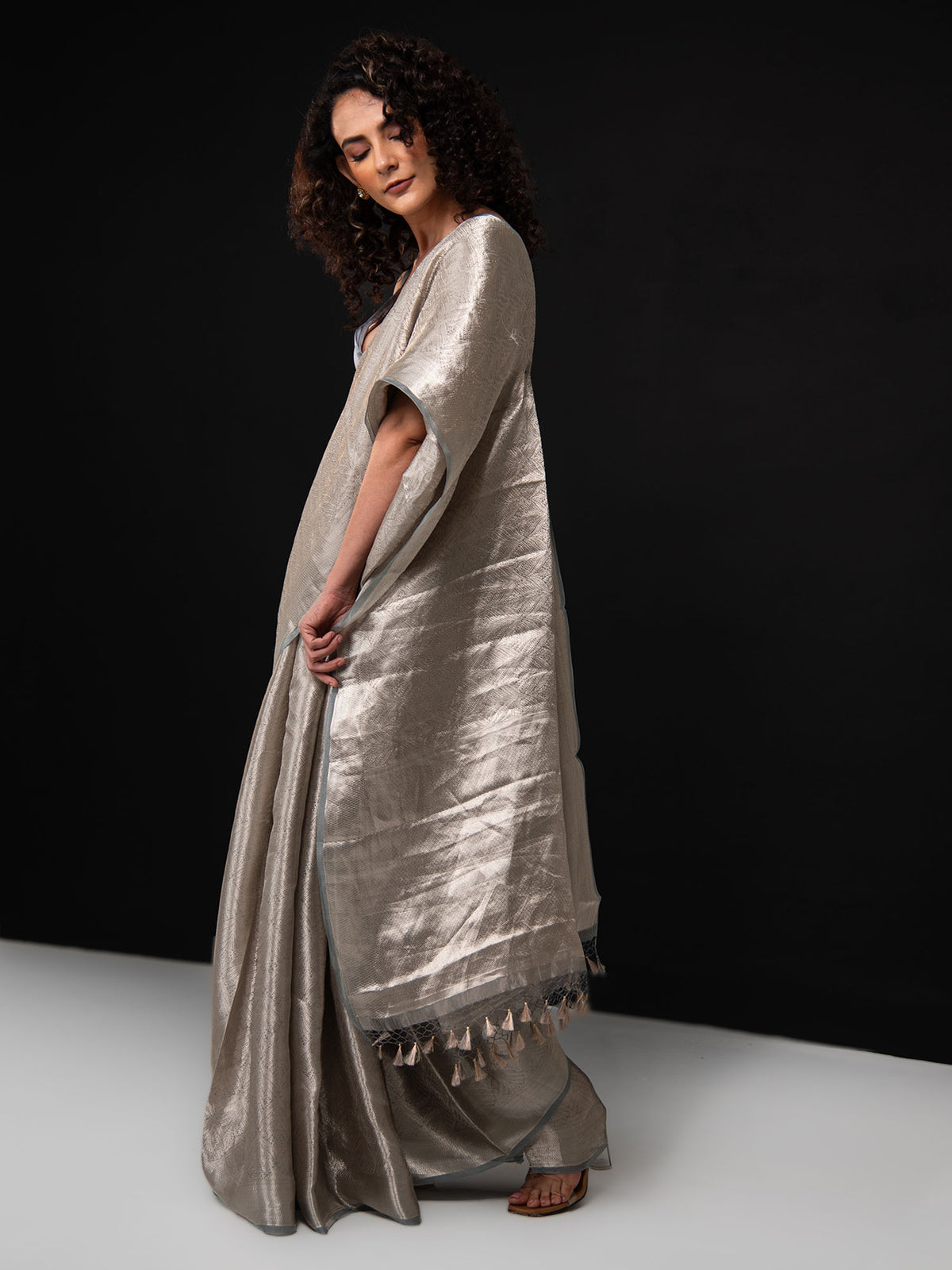 Grey Tissue Brocade Handloom Banarasi Saree - Sacred Weaves