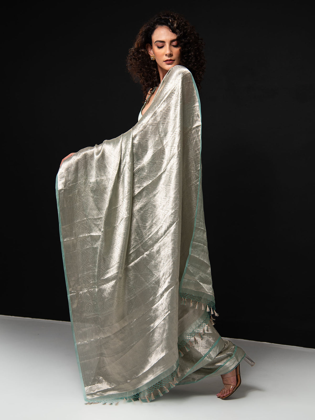 Aqua Green Tissue Brocade Handloom Banarasi Saree - Sacred Weaves