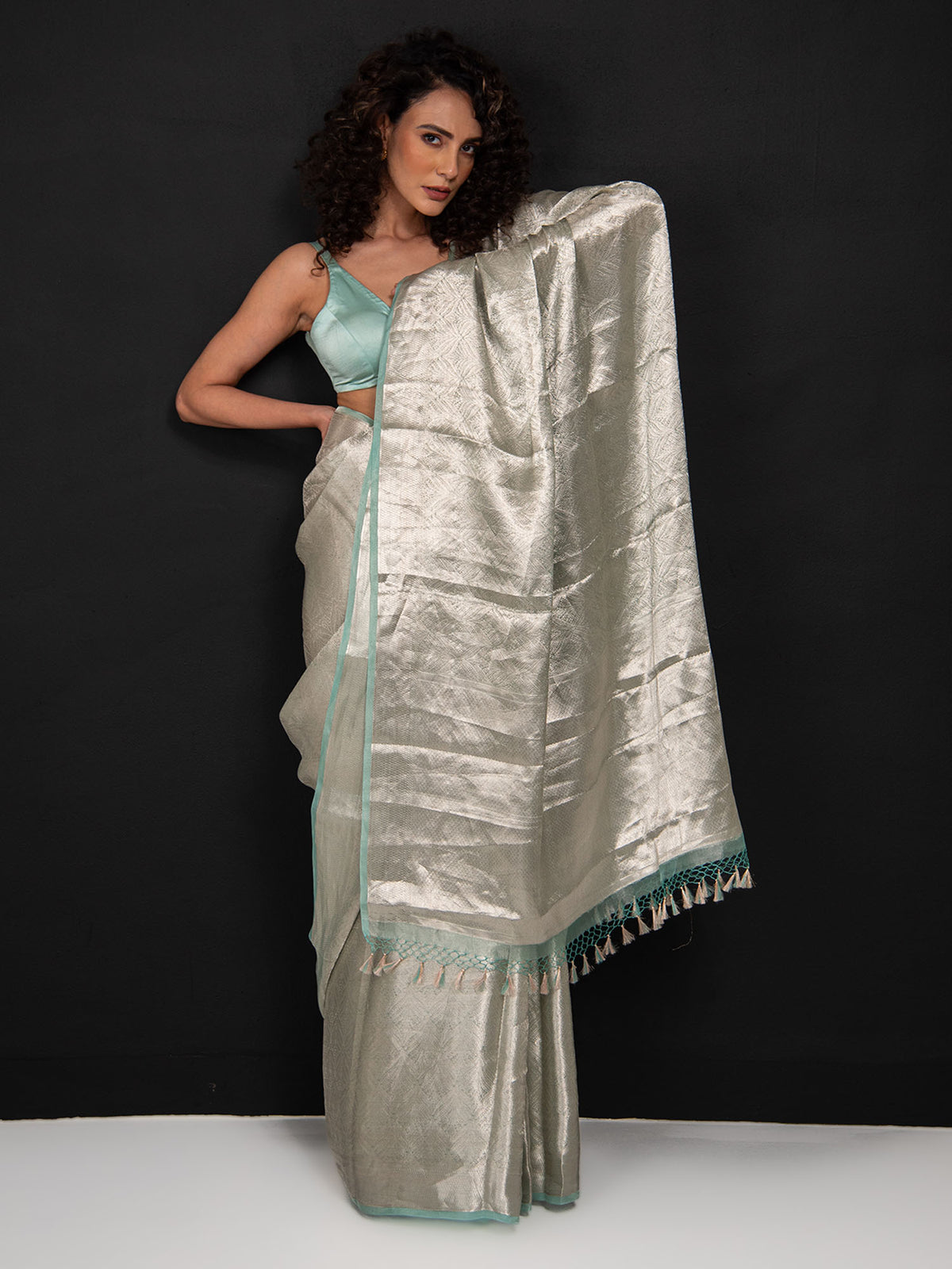 Aqua Green Tissue Brocade Handloom Banarasi Saree - Sacred Weaves