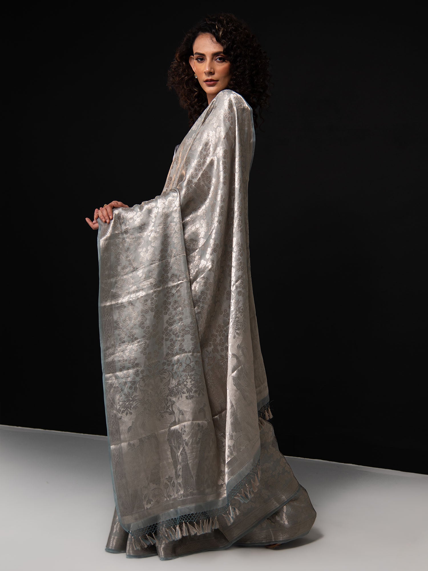 Grey Tissue Brocade Handloom Banarasi Saree - Sacred Weaves