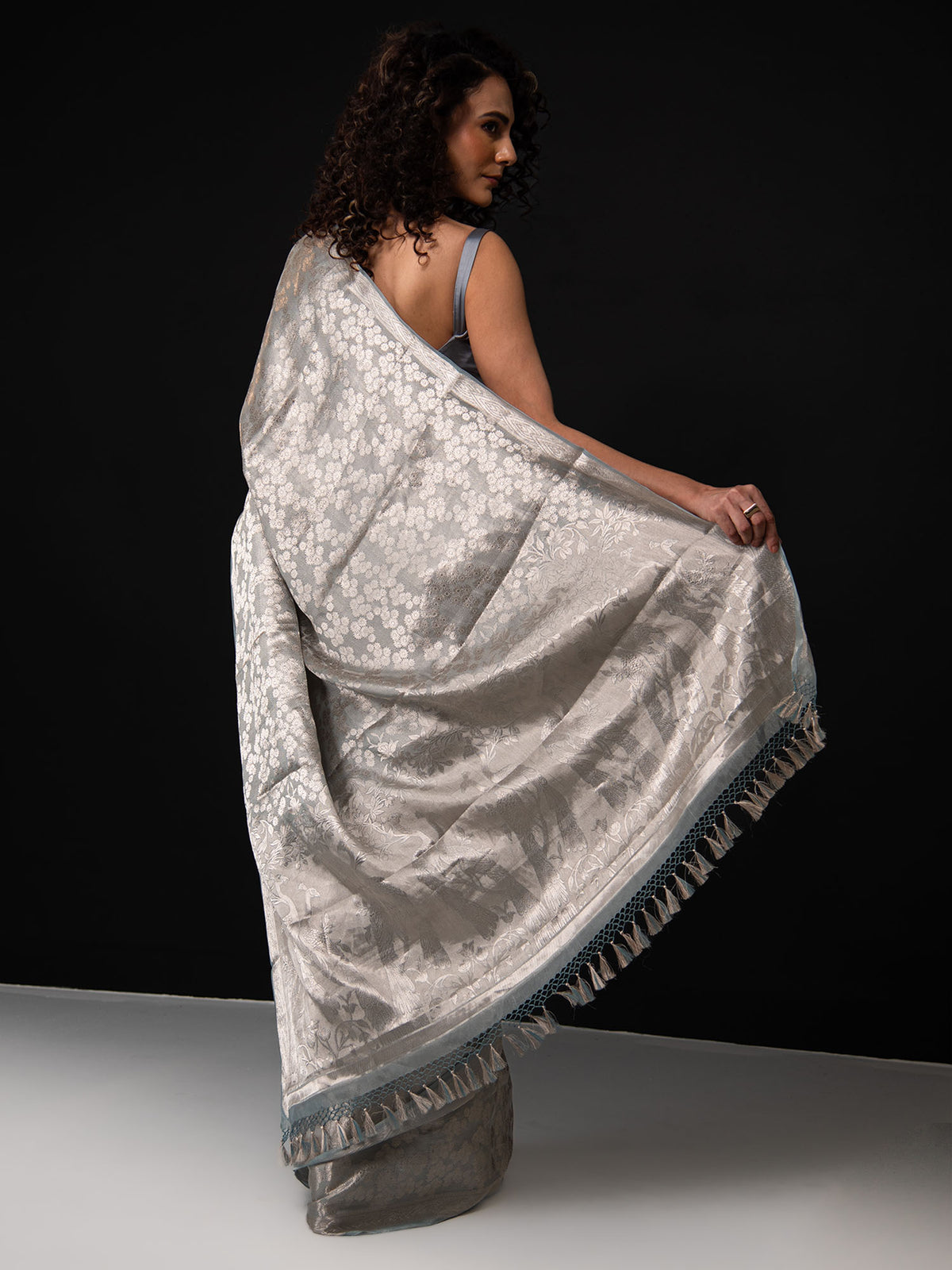 Grey Tissue Brocade Handloom Banarasi Saree - Sacred Weaves
