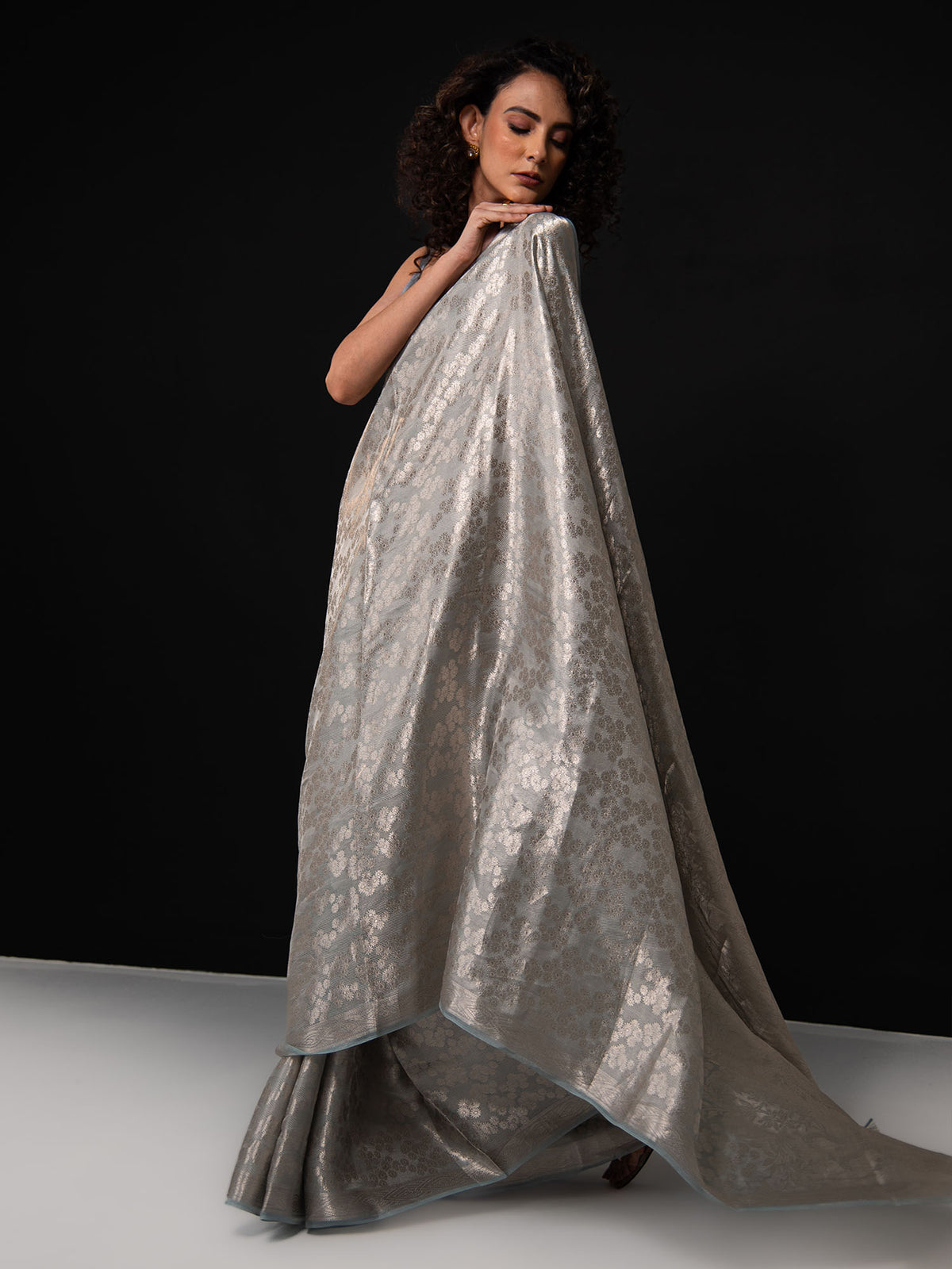 Grey Tissue Brocade Handloom Banarasi Saree - Sacred Weaves