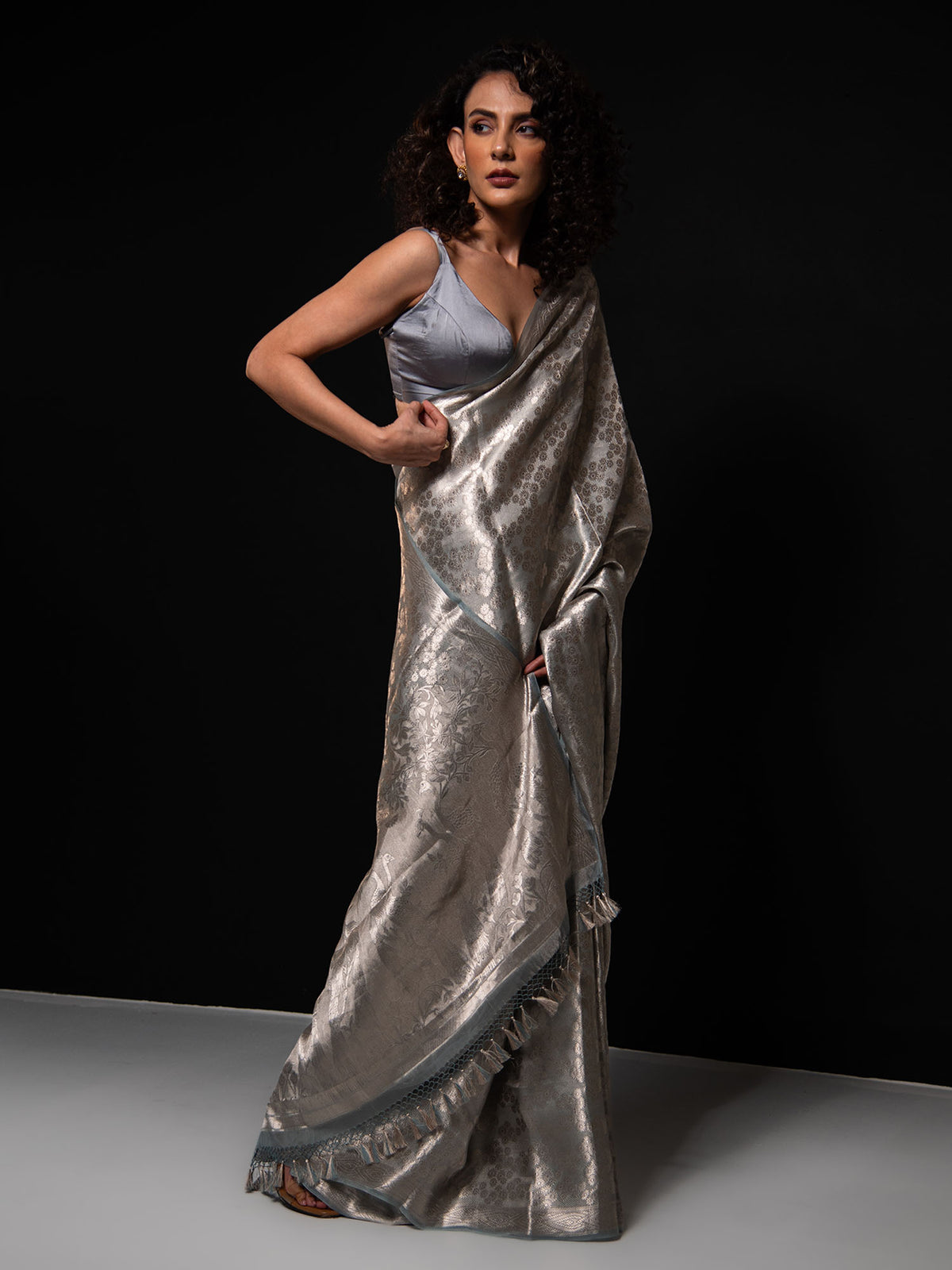 Grey Tissue Brocade Handloom Banarasi Saree - Sacred Weaves