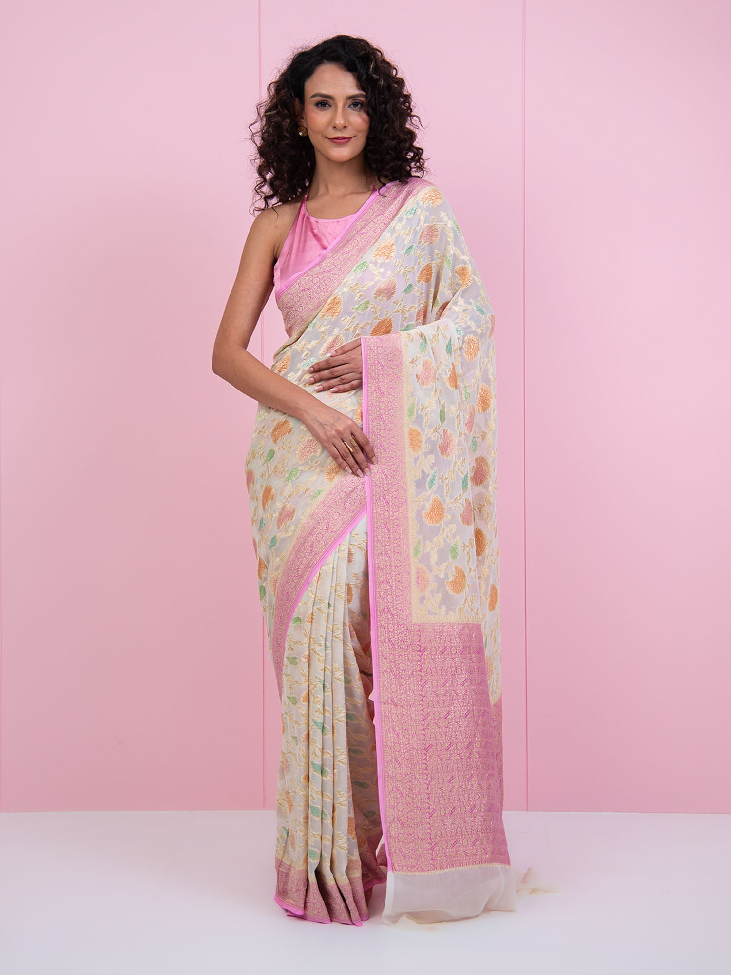Off-White Rangkat Jaal Khaddi Georgette Handloom Banarasi Saree - Sacred Weaves