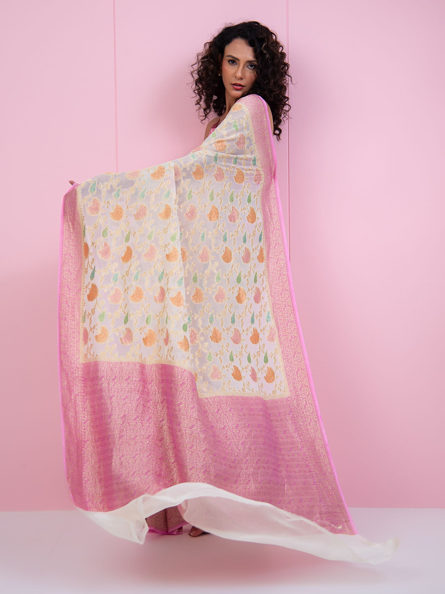 Off-White Rangkat Jaal Khaddi Georgette Handloom Banarasi Saree - Sacred Weaves