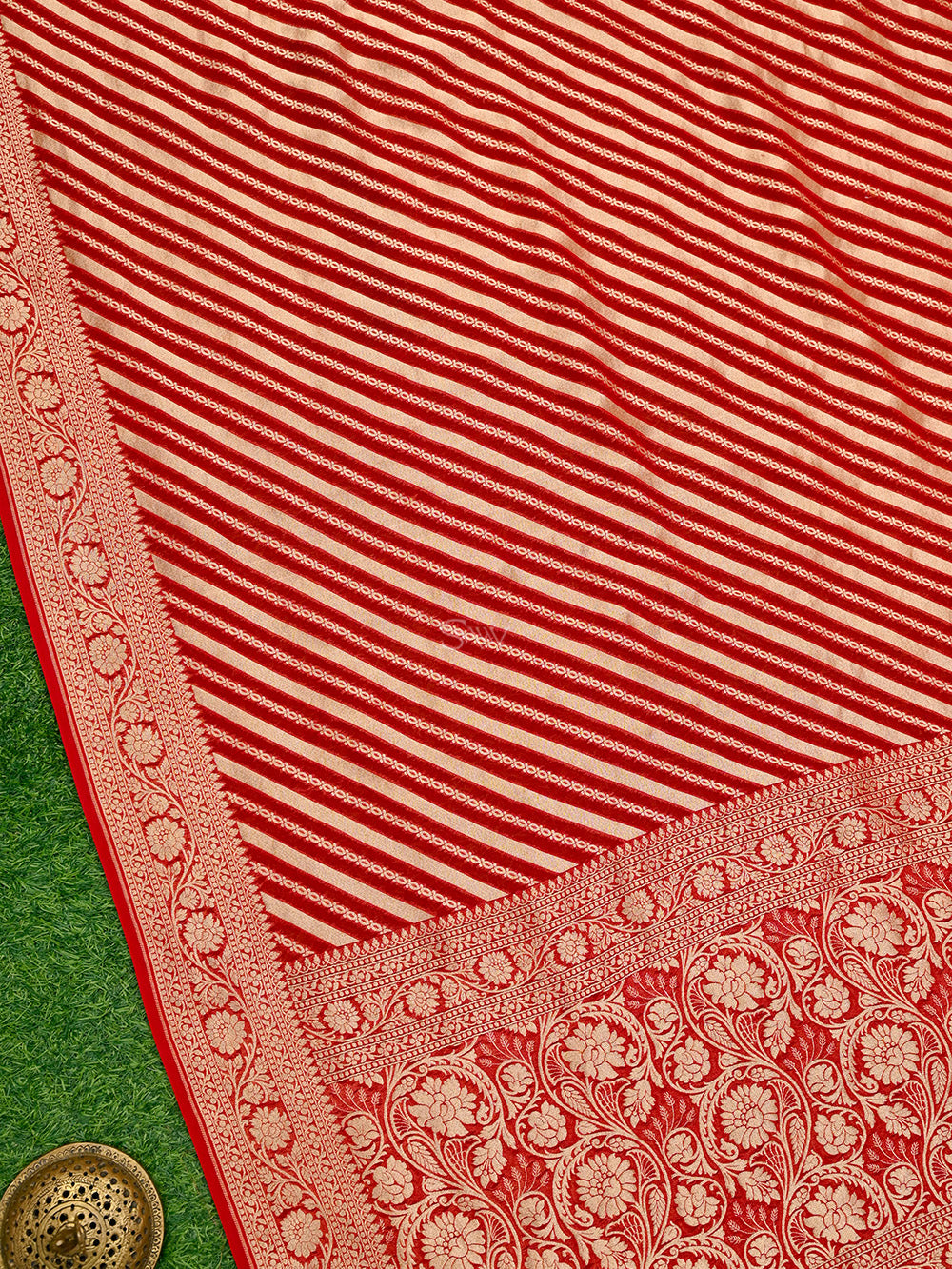 Red Stripe Khaddi Georgette Handloom Banarasi Saree