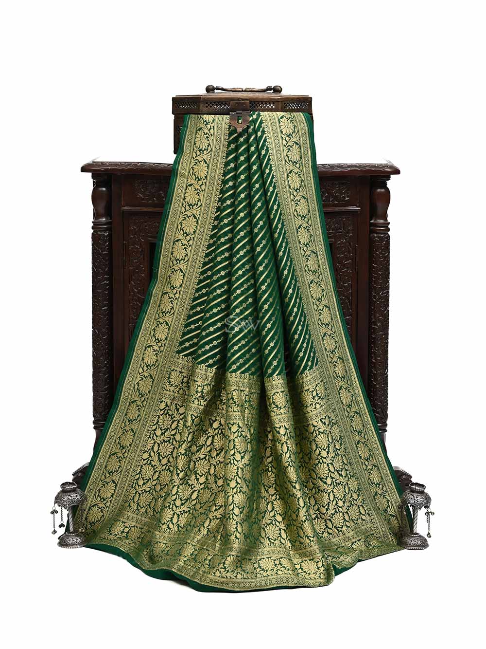 Bottle Green Stripe Khaddi Georgette Handloom Banarasi Saree -Sacred Weaves