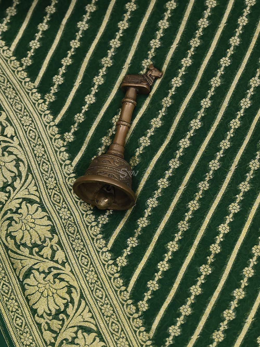 Bottle Green Stripe Khaddi Georgette Handloom Banarasi Saree -Sacred Weaves