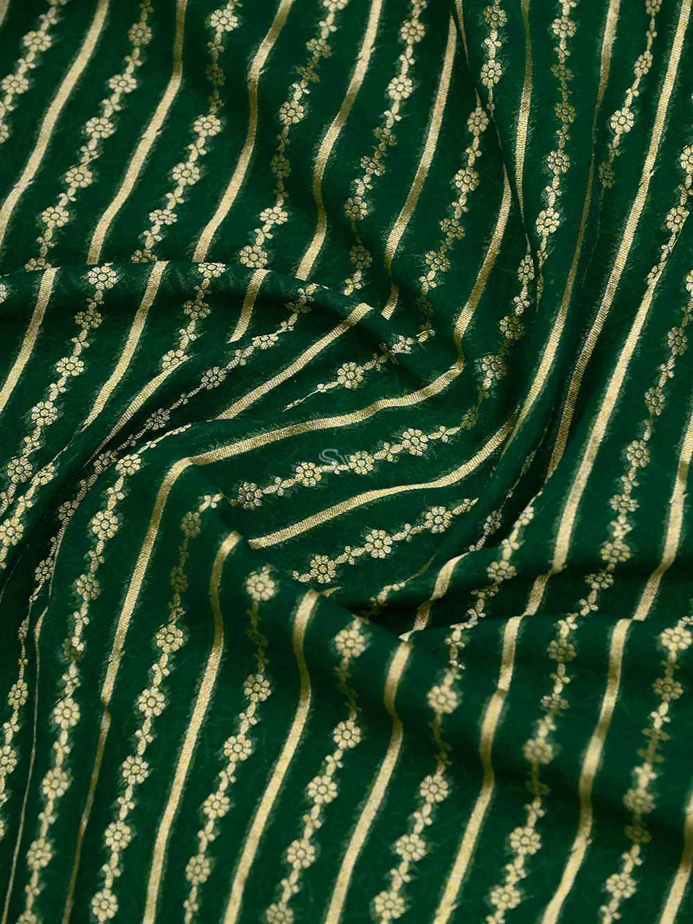 Bottle Green Stripe Khaddi Georgette Handloom Banarasi Saree -Sacred Weaves