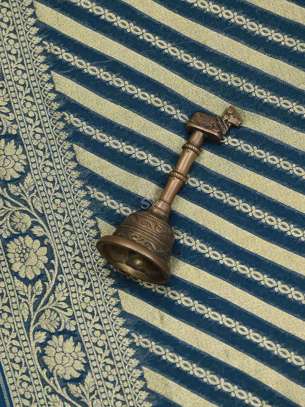Teal Blue Stripe Khaddi Georgette Handloom Banarasi Saree - Sacred Weaves
