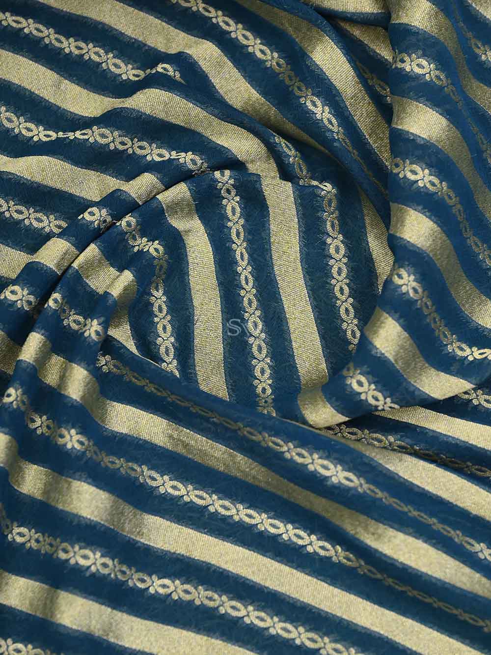 Teal Blue Stripe Khaddi Georgette Handloom Banarasi Saree - Sacred Weaves