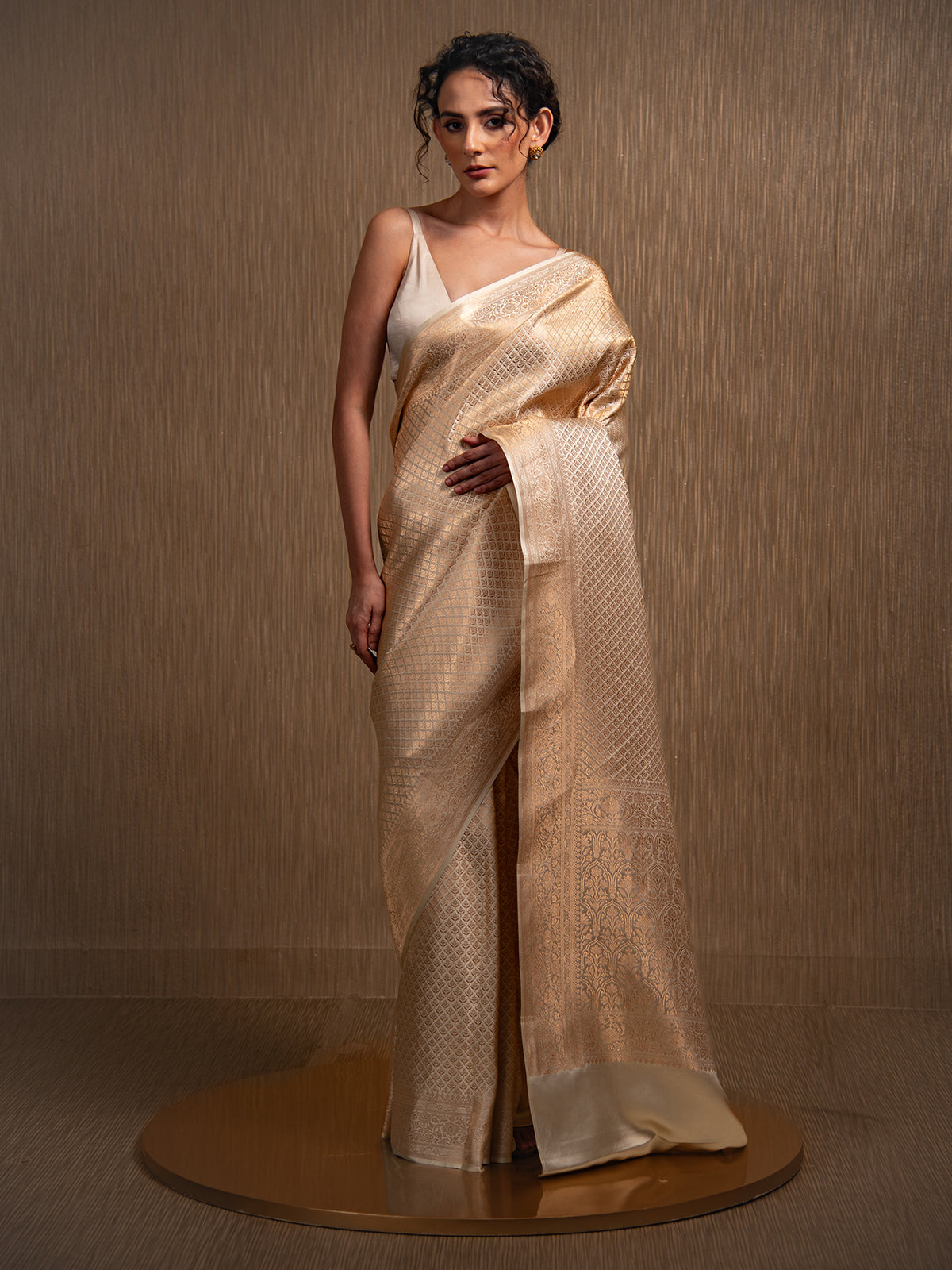 Cream Satin Brocade Handloom Banarasi Saree - Sacred Weaves
