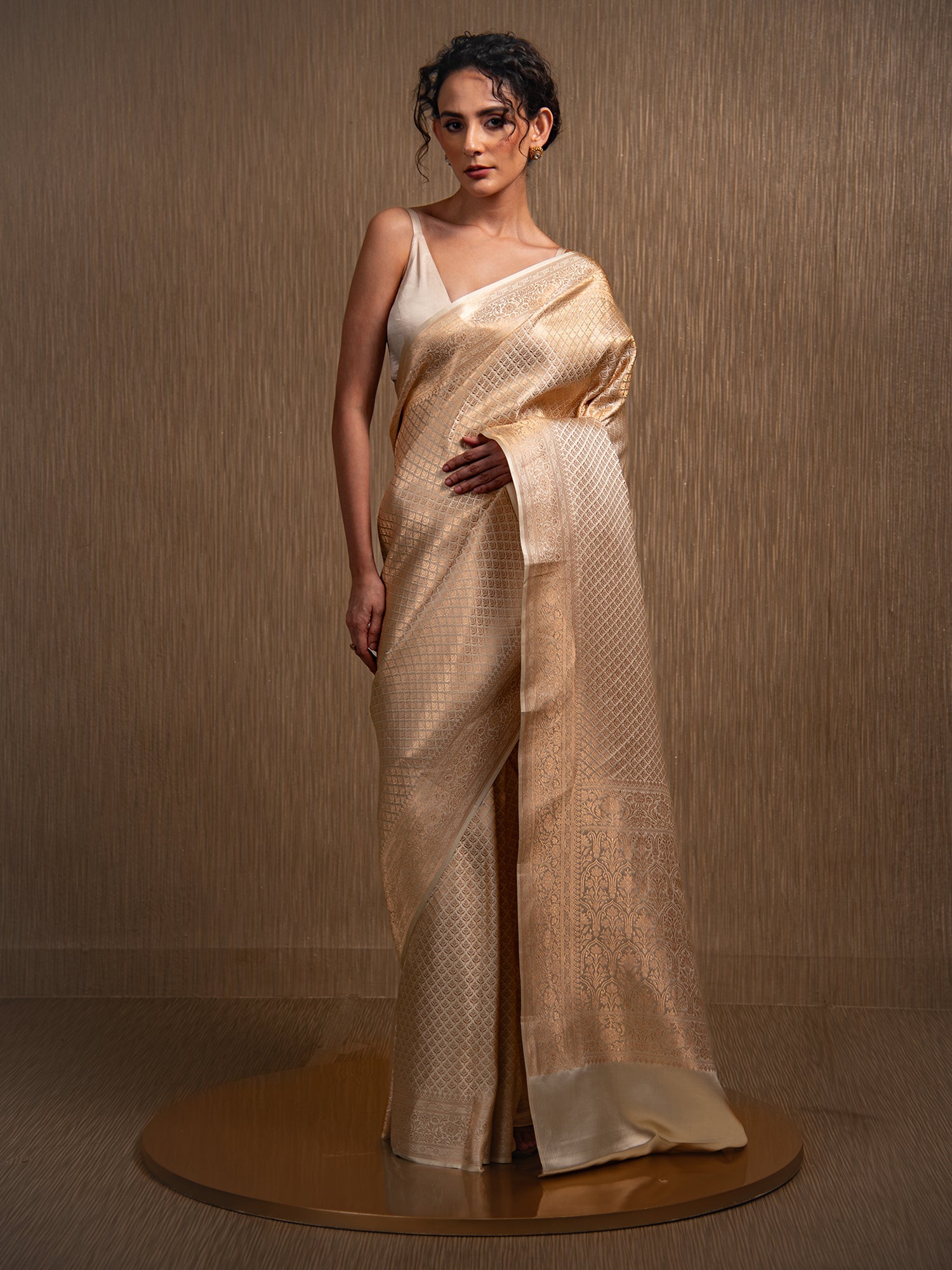 Cream Satin Brocade Handloom Banarasi Saree - Sacred Weaves